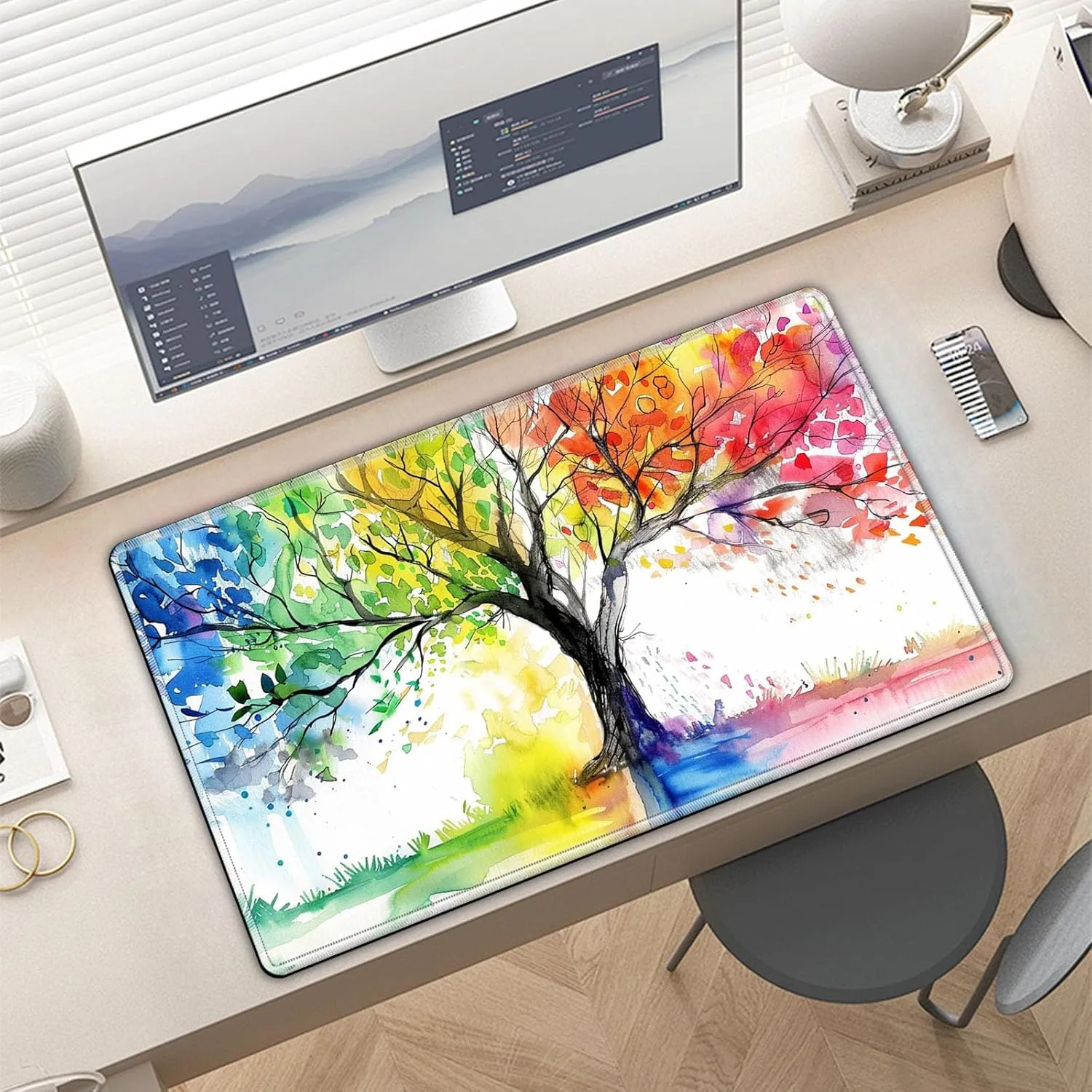 for MTG Playmat in Storage Bag, Commander Board Game Play Mat Desk Pad, Hand-Painted Stitched Edges Aged Map 27.6x15.7 in,Ideal for TCG/MTG/CCG/RPG Game Playmat, Colorful Tree