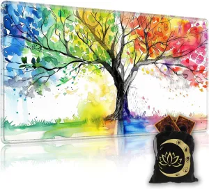 for MTG Playmat in Storage Bag, Commander Board Game Play Mat Desk Pad, Hand-Painted Stitched Edges Aged Map 27.6x15.7 in,Ideal for TCG/MTG/CCG/RPG Game Playmat, Colorful Tree