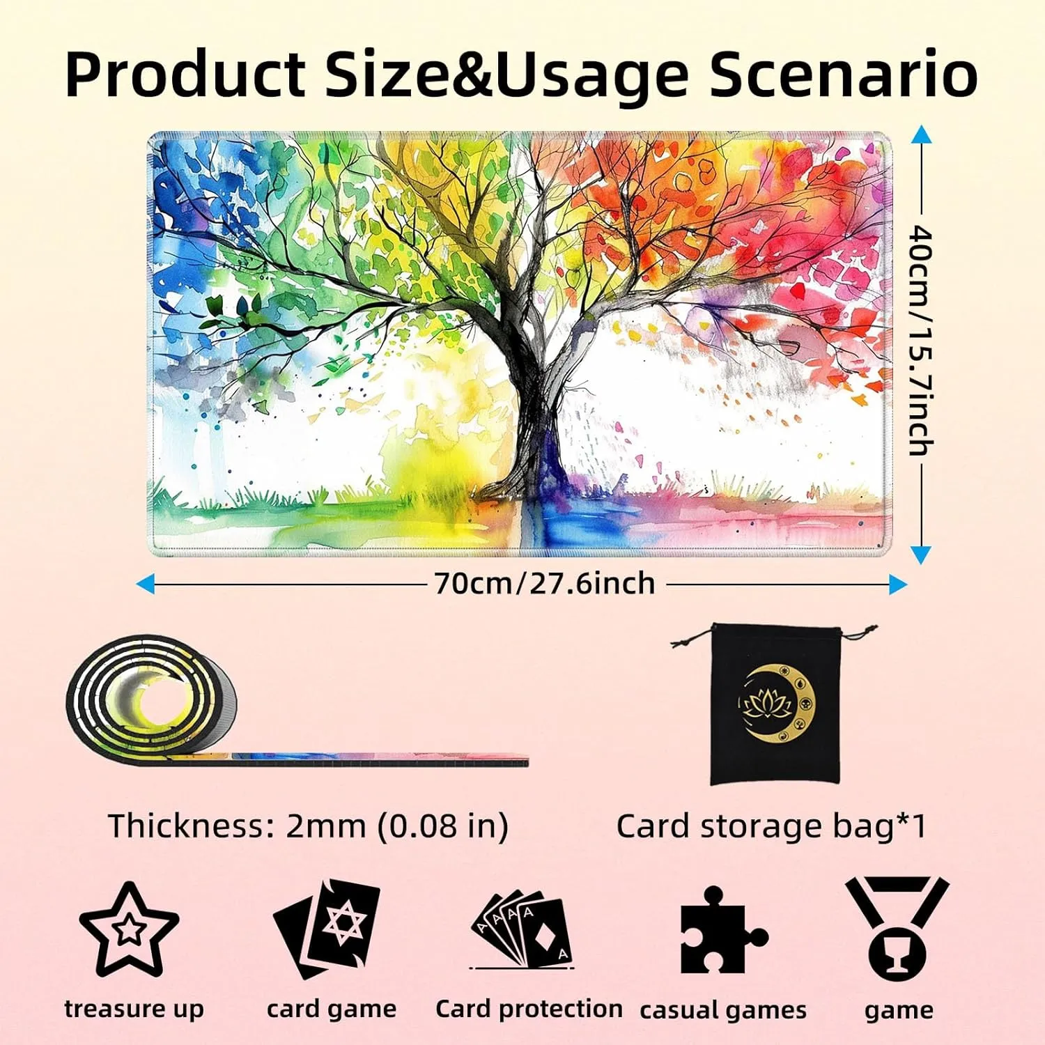 for MTG Playmat in Storage Bag, Commander Board Game Play Mat Desk Pad, Hand-Painted Stitched Edges Aged Map 27.6x15.7 in,Ideal for TCG/MTG/CCG/RPG Game Playmat, Colorful Tree