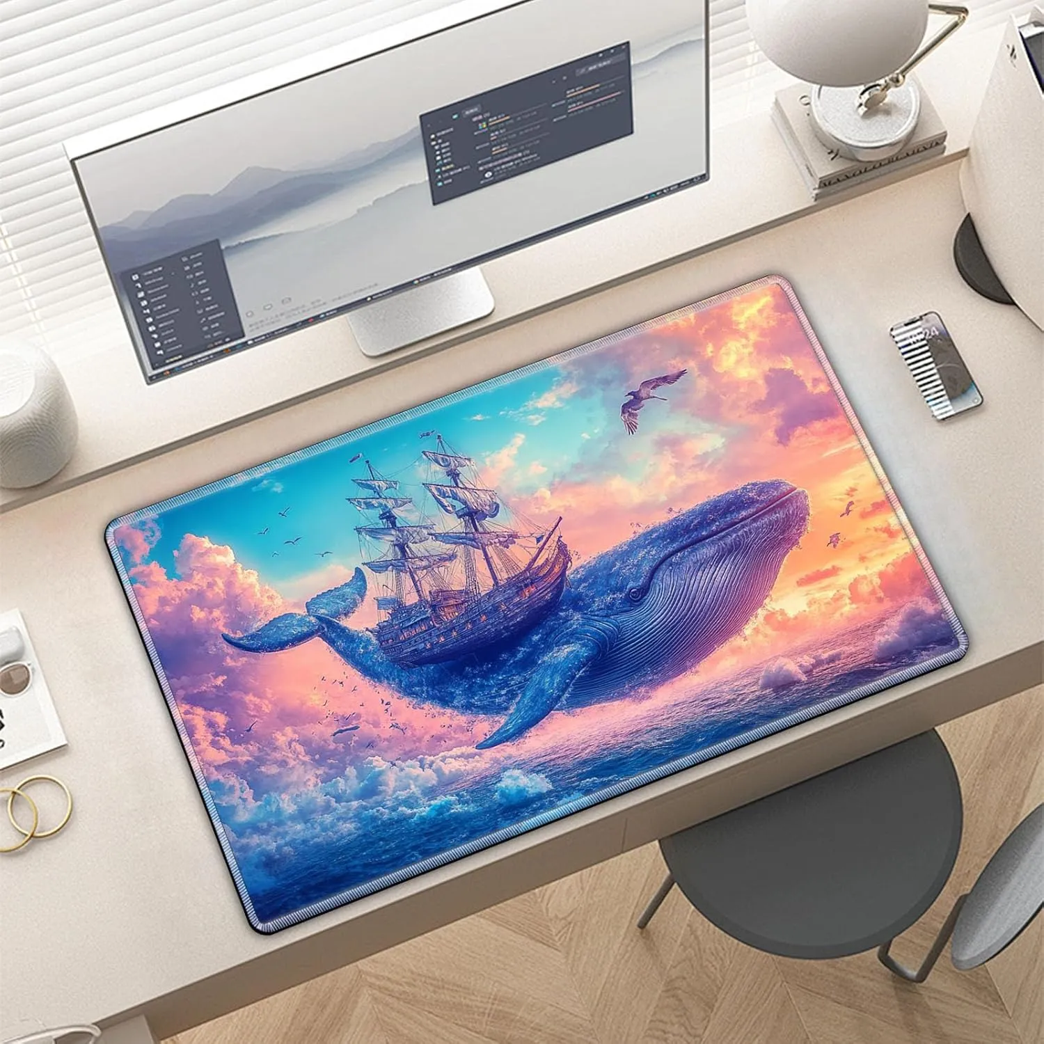 for MTG Playmat in Storage Bag, Commander Board Game Play Mat Desk Pad, Hand-Painted Stitched Edges Aged Map 27.6x15.7 in,Ideal for TCG/MTG/CCG/RPG Game Playmat, Dream Whale Boat