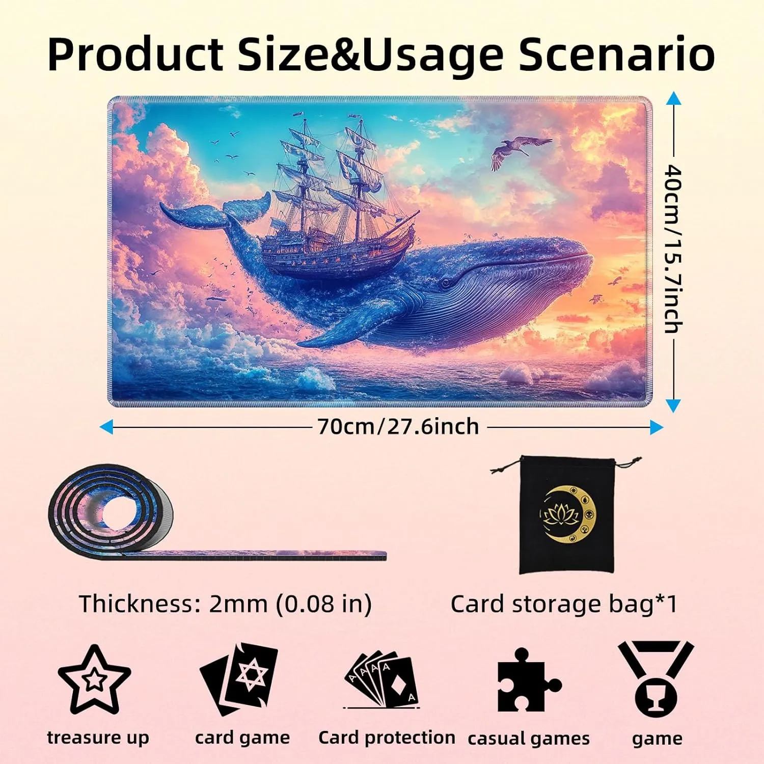 for MTG Playmat in Storage Bag, Commander Board Game Play Mat Desk Pad, Hand-Painted Stitched Edges Aged Map 27.6x15.7 in,Ideal for TCG/MTG/CCG/RPG Game Playmat, Dream Whale Boat