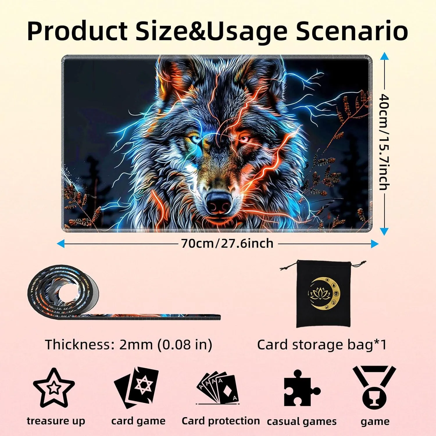 for MTG Playmat in Storage Bag, Commander Board Game Play Mat Desk Pad, Hand-Painted Stitched Edges Aged Map 27.6x15.7 in,Ideal for TCG/MTG/CCG/RPG Game Playmat, Flash Wolf