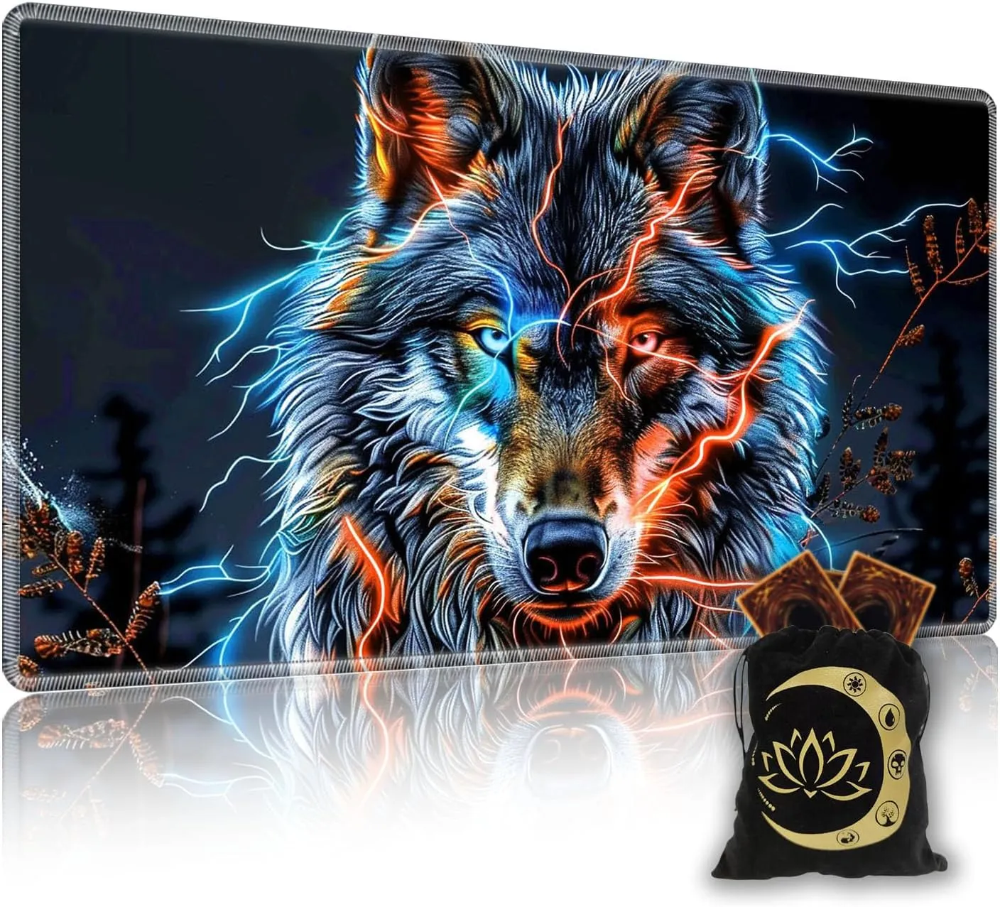 for MTG Playmat in Storage Bag, Commander Board Game Play Mat Desk Pad, Hand-Painted Stitched Edges Aged Map 27.6x15.7 in,Ideal for TCG/MTG/CCG/RPG Game Playmat, Flash Wolf