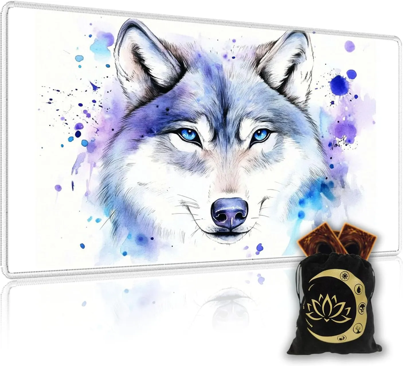 for MTG Playmat in Storage Bag, Commander Board Game Play Mat Desk Pad, Hand-Painted Stitched Edges Aged Map 27.6x15.7 in,Ideal for TCG/MTG/CCG/RPG Game Playmat, Watercolour Wolf