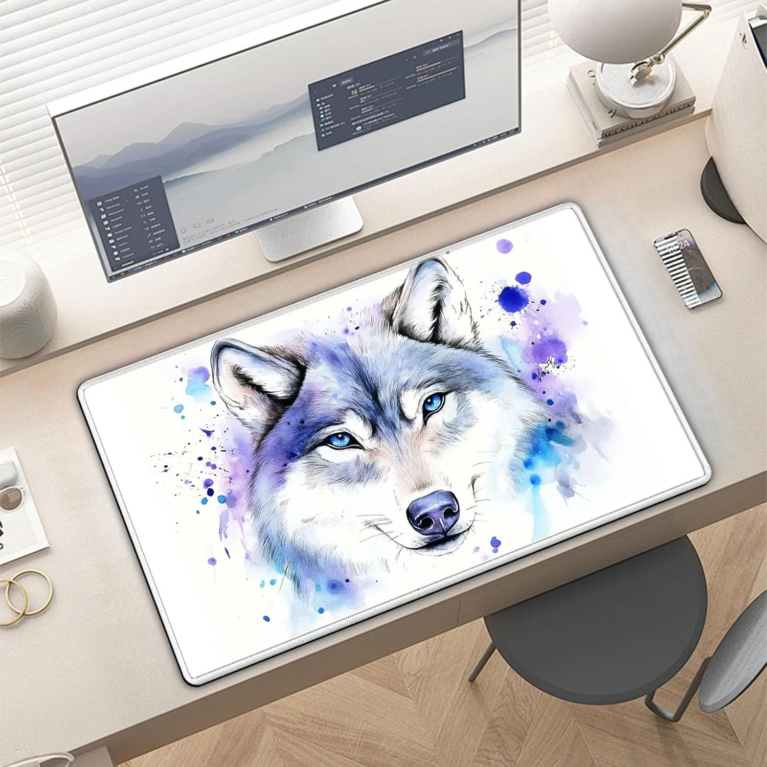 for MTG Playmat in Storage Bag, Commander Board Game Play Mat Desk Pad, Hand-Painted Stitched Edges Aged Map 27.6x15.7 in,Ideal for TCG/MTG/CCG/RPG Game Playmat, Watercolour Wolf