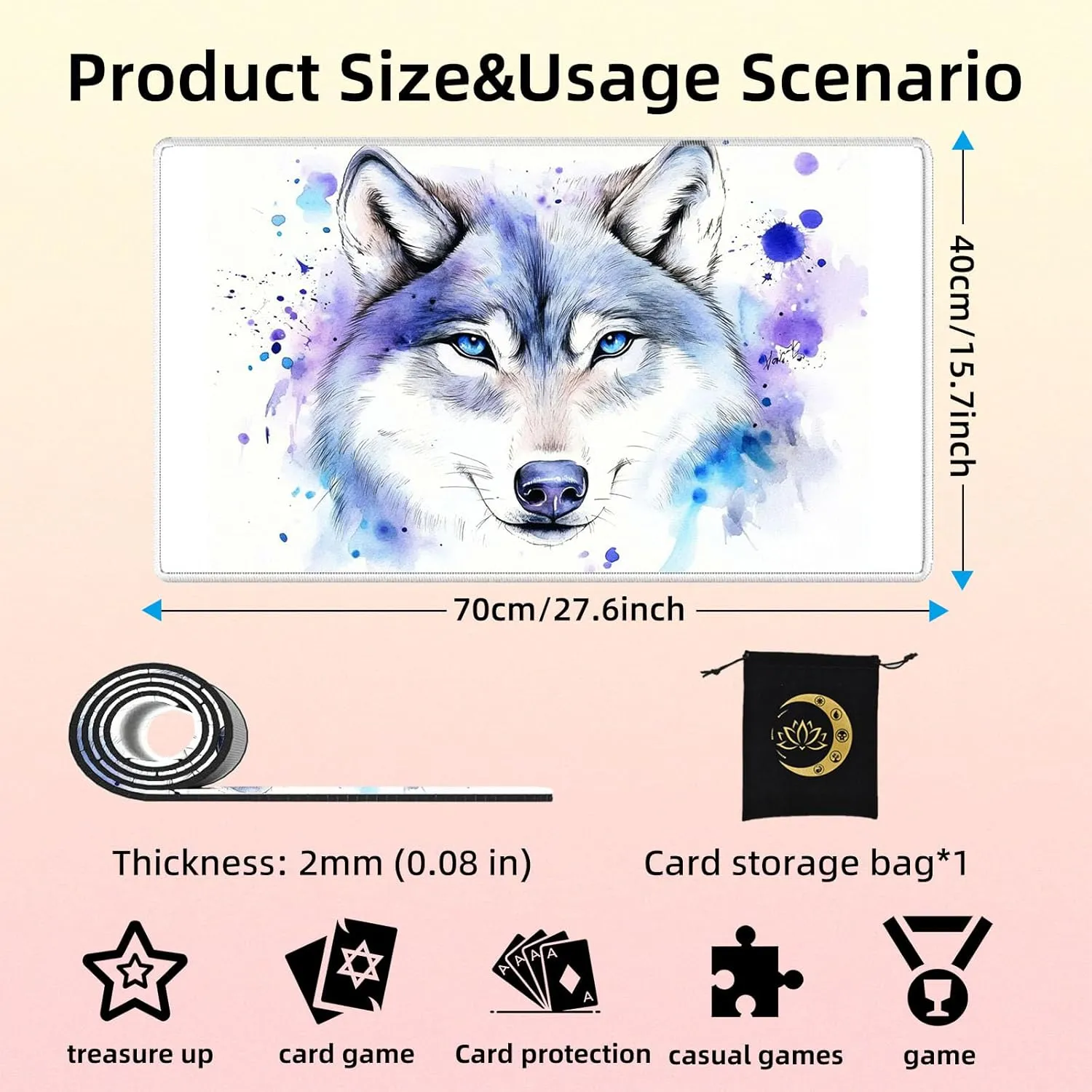 for MTG Playmat in Storage Bag, Commander Board Game Play Mat Desk Pad, Hand-Painted Stitched Edges Aged Map 27.6x15.7 in,Ideal for TCG/MTG/CCG/RPG Game Playmat, Watercolour Wolf