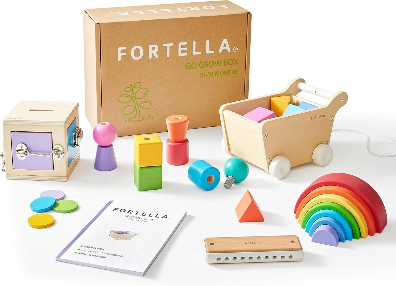 Fortella Montessori Toys for 1 Year Old, 6-in-1 Wooden Learning Educational Box Set with Latches Box, Pull Along Trolley, Nuts and Bolts, Harmonica, Rainbow Stacker, Developmental Toy Baby Gift