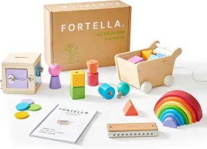 Fortella Montessori Toys for 1 Year Old, 6-in-1 Wooden Learning Educational Box Set with Latches Box, Pull Along Trolley, Nuts and Bolts, Harmonica, Rainbow Stacker, Developmental Toy Baby Gift