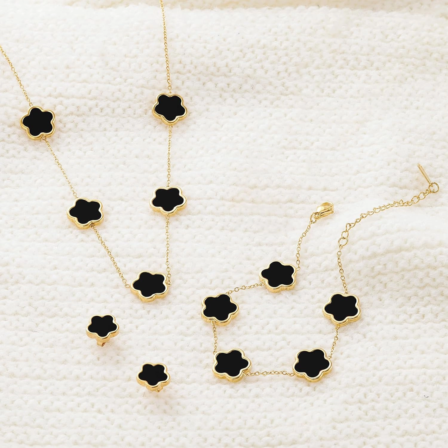 Four Leaf Clover Necklace Bracelet and Stud Earrings Set for Women Lucky Flower 14K Gold Jewelry