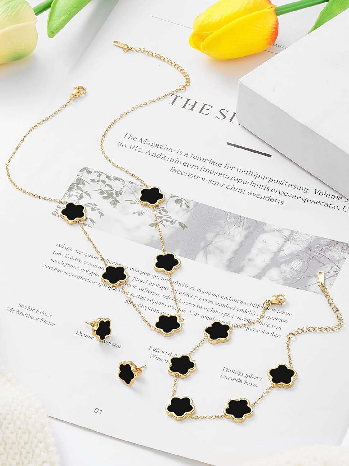 Four Leaf Clover Necklace Bracelet and Stud Earrings Set for Women Lucky Flower 14K Gold Jewelry