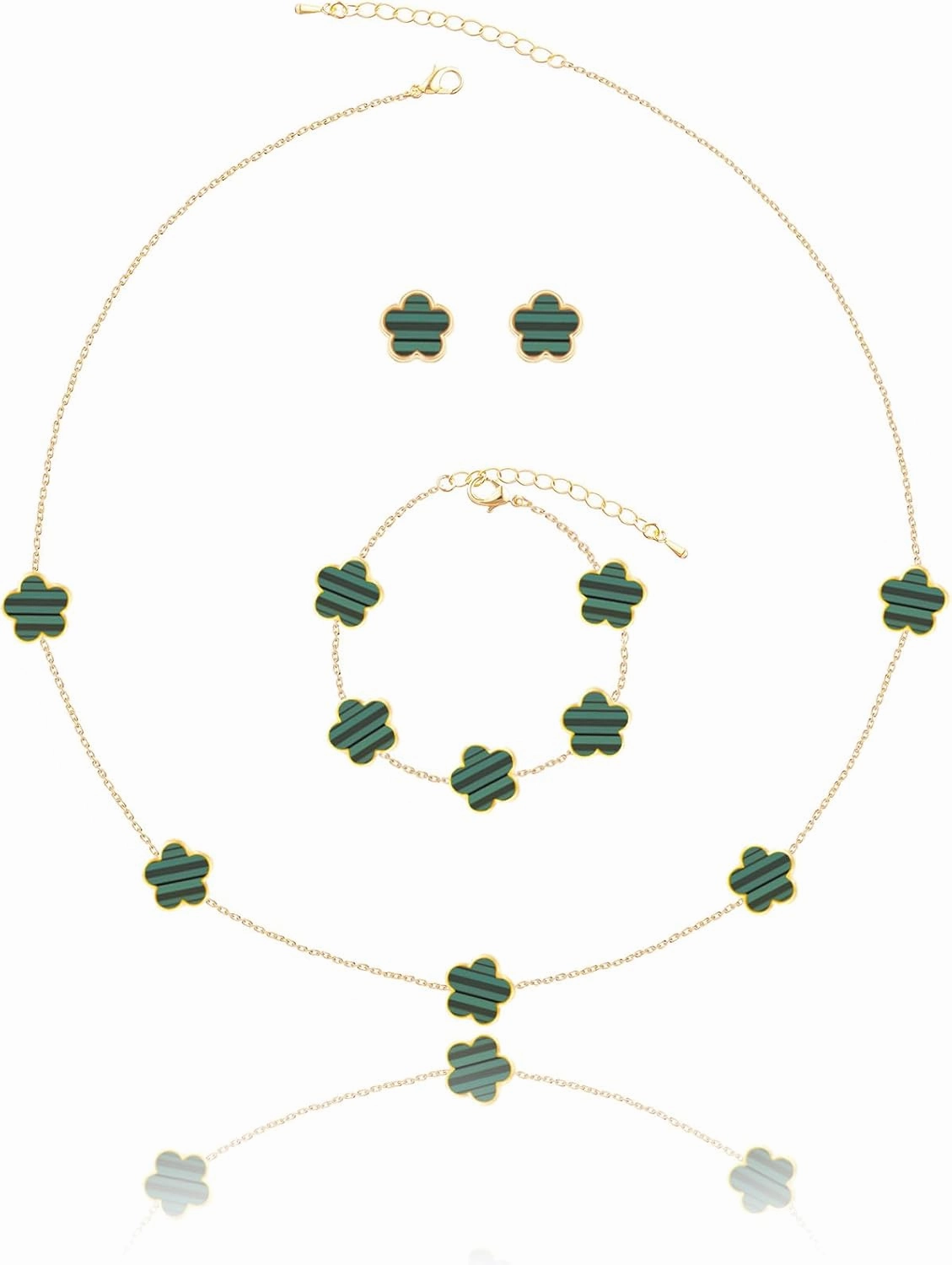 Four Leaf Clover Necklace Bracelet and Stud Earrings Set for Women Lucky Flower 14K Gold Jewelry