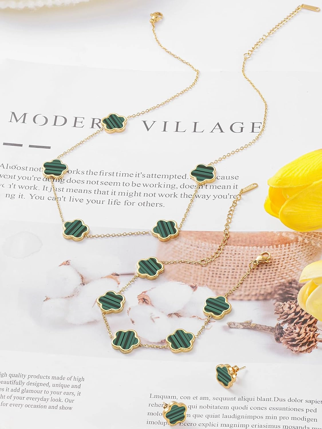 Four Leaf Clover Necklace Bracelet and Stud Earrings Set for Women Lucky Flower 14K Gold Jewelry
