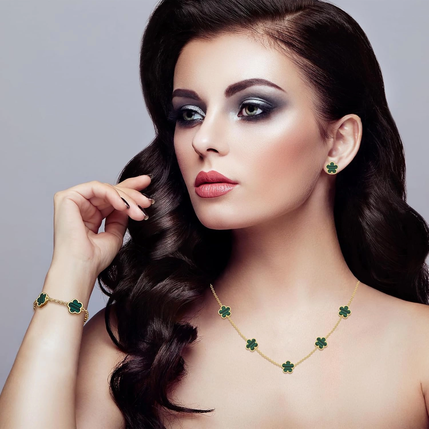 Four Leaf Clover Necklace Bracelet and Stud Earrings Set for Women Lucky Flower 14K Gold Jewelry