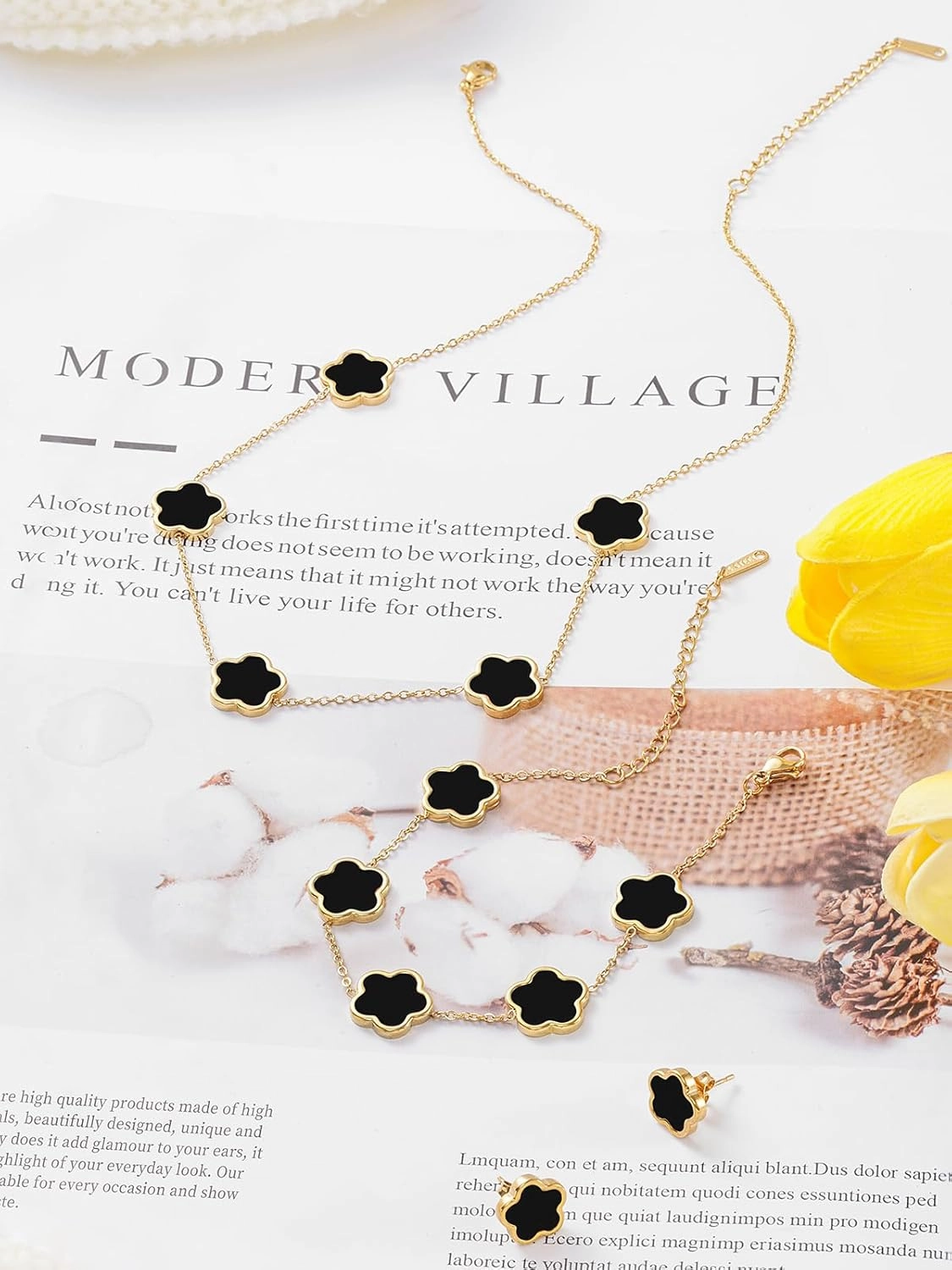 Four Leaf Clover Necklace Bracelet and Stud Earrings Set for Women Lucky Flower 14K Gold Jewelry