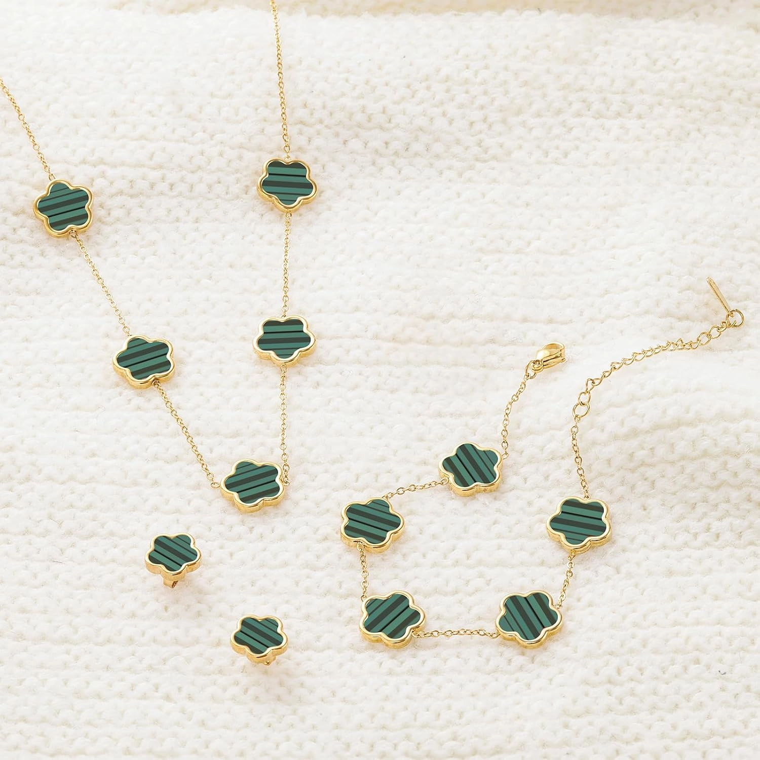 Four Leaf Clover Necklace Bracelet and Stud Earrings Set for Women Lucky Flower 14K Gold Jewelry