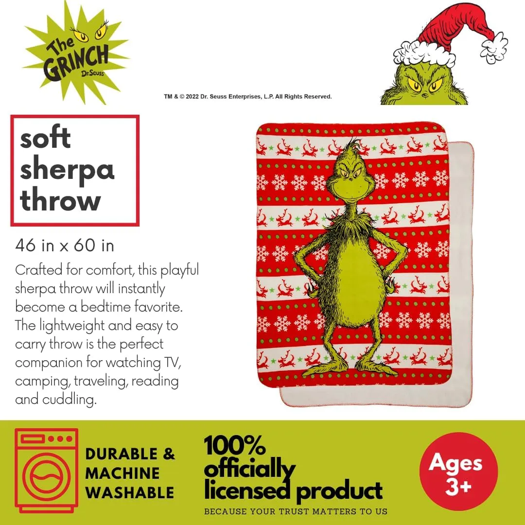 Franco Dr. Seuss The Grinch Holiday Christmas Kids Bedding Soft Plush Cozy Sherpa Blanket Throw, 46 in x 60 in, (Officially Licensed Product)