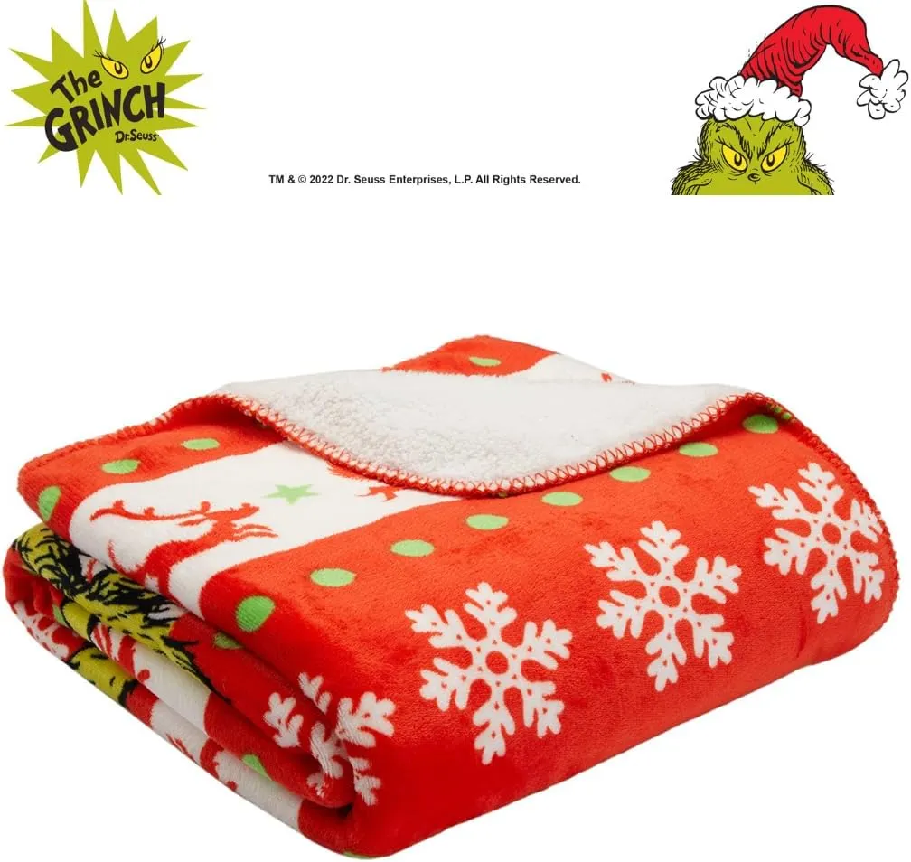 Franco Dr. Seuss The Grinch Holiday Christmas Kids Bedding Soft Plush Cozy Sherpa Blanket Throw, 46 in x 60 in, (Officially Licensed Product)