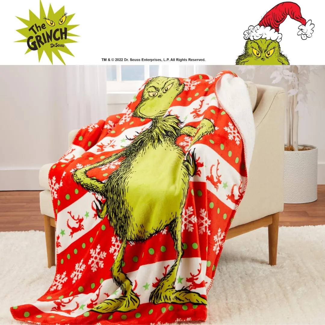 Franco Dr. Seuss The Grinch Holiday Christmas Kids Bedding Soft Plush Cozy Sherpa Blanket Throw, 46 in x 60 in, (Officially Licensed Product)