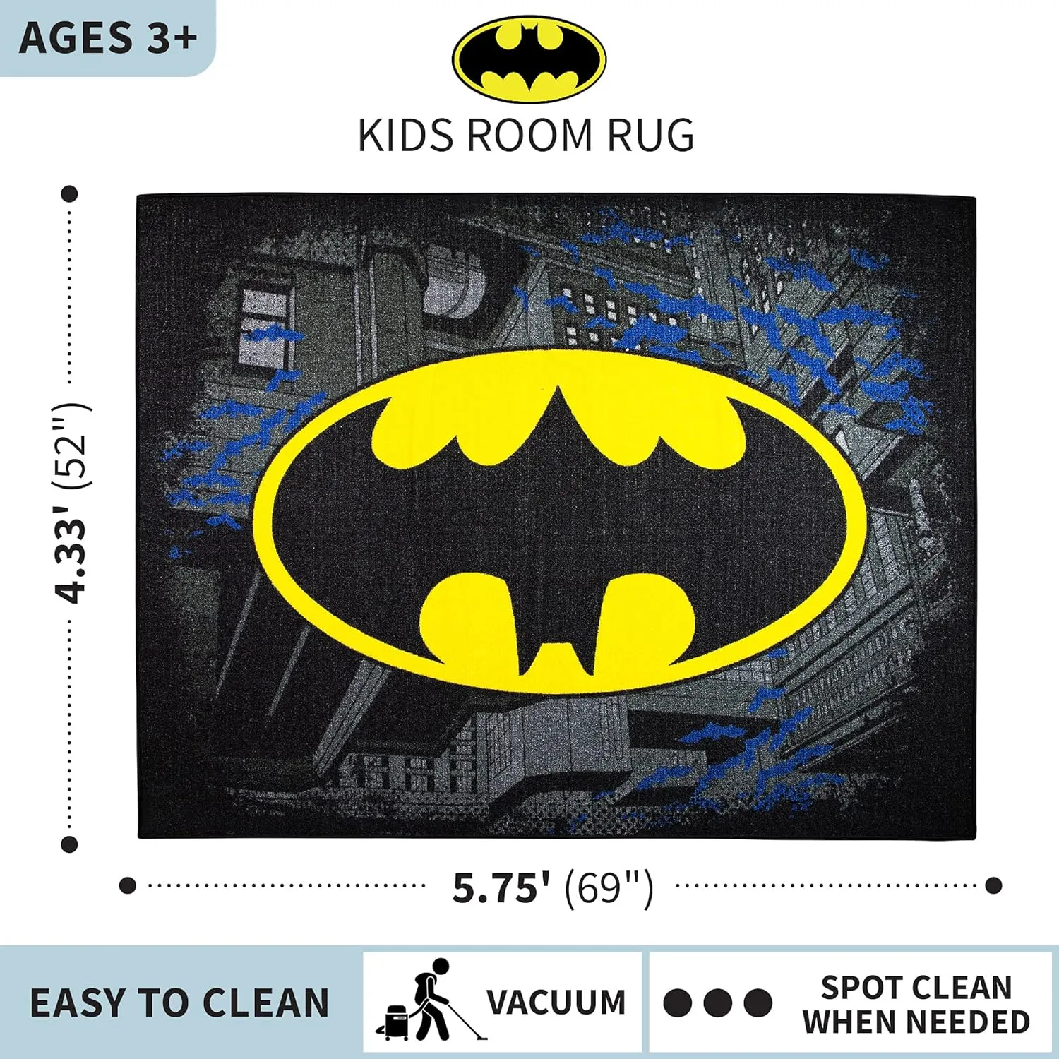 Franco Kids Room Non Slip Area Rug, 69 in x 52 in, Batman