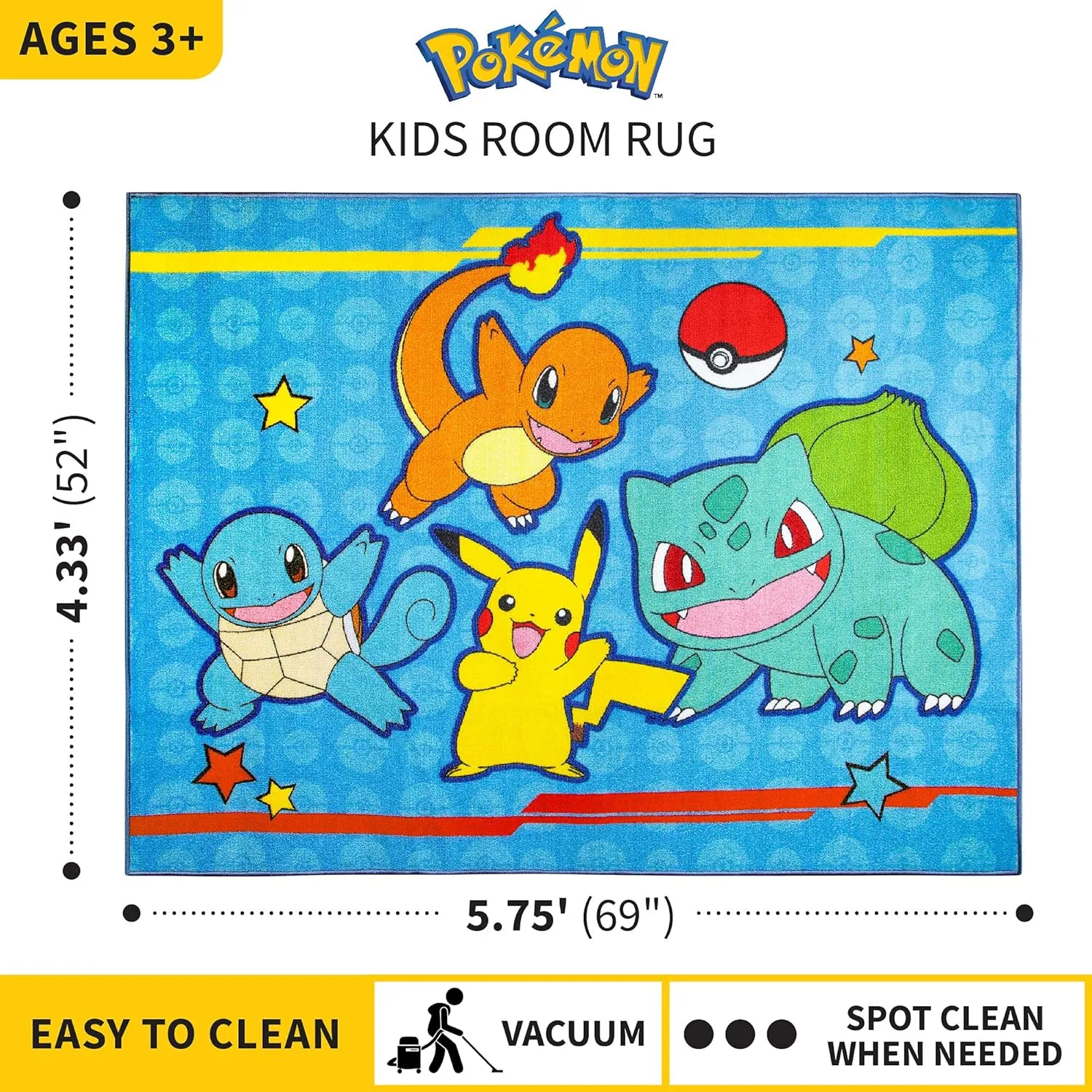 Franco Kids Room Non Slip Area Rug, 69 in x 52 in, Pokemon