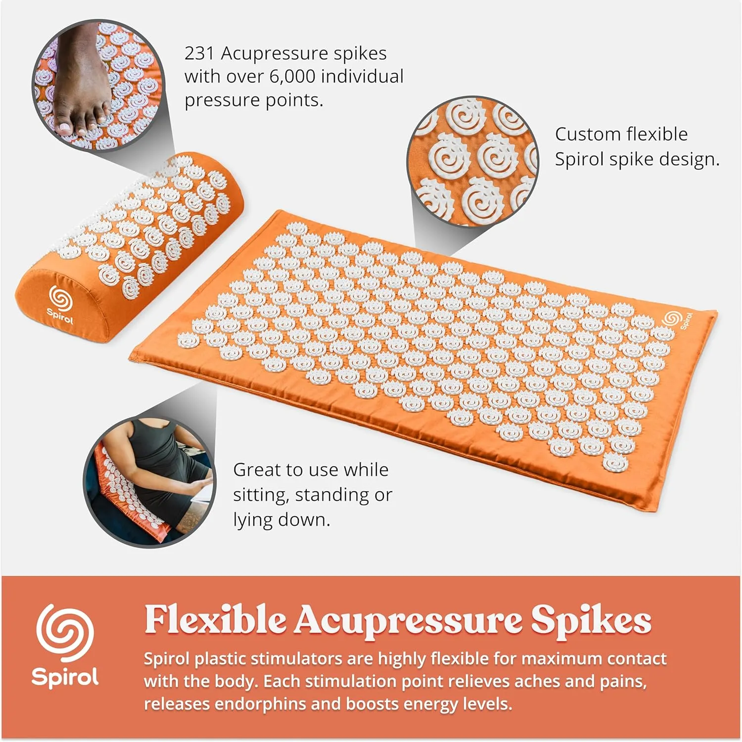 FSA HSA Eligible Spirol Acupressure Mat and Pillow Set for Back, Neck and Shoulder Pain Relief, with Flexible Acupressure Spikes, Includes Carry Bag (Orange)