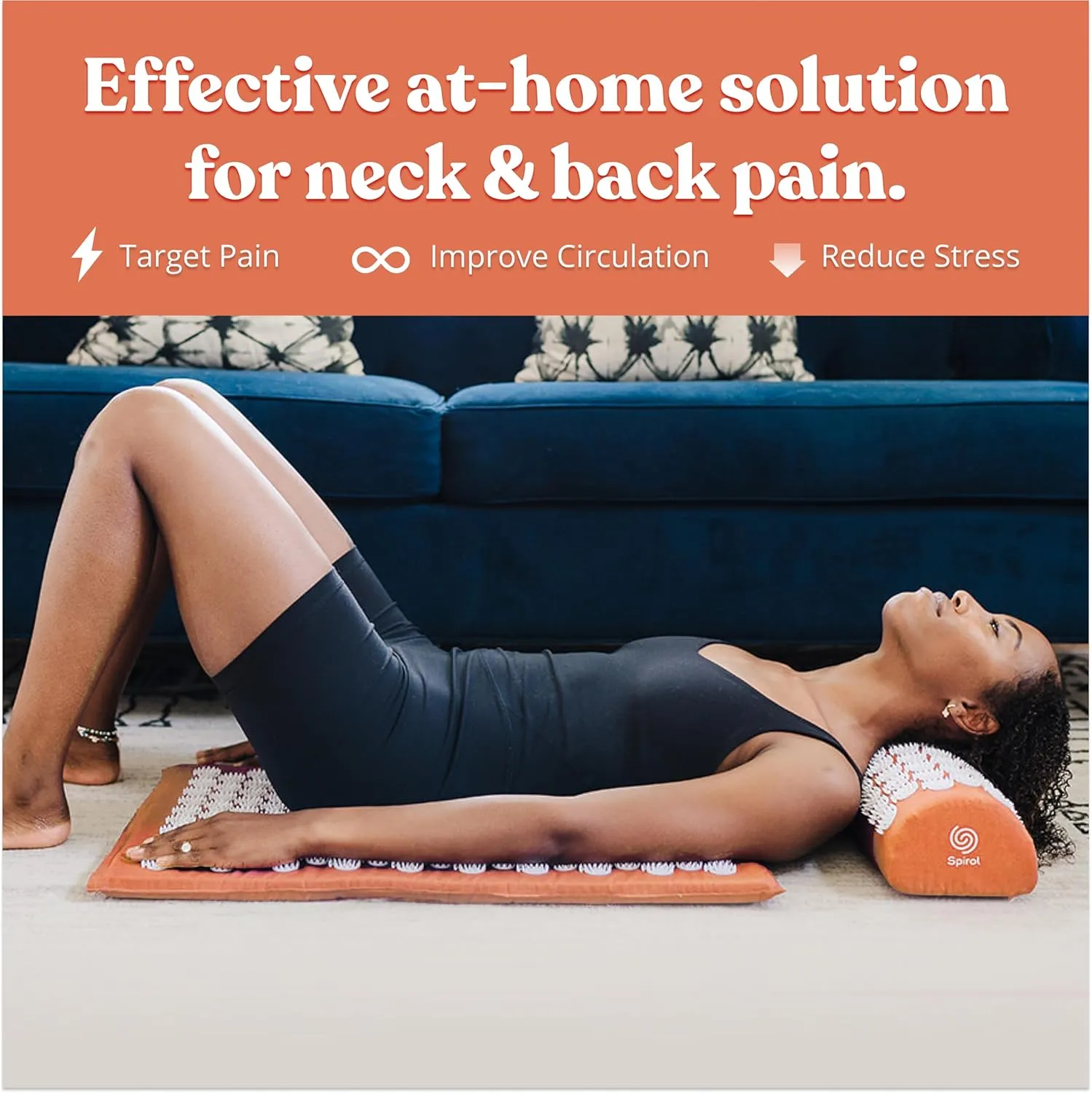 FSA HSA Eligible Spirol Acupressure Mat and Pillow Set for Back, Neck and Shoulder Pain Relief, with Flexible Acupressure Spikes, Includes Carry Bag (Orange)