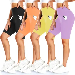 FULLSOFT 4 Pack Biker Shorts for Women with Pockets – 8" High Waisted Tummy Control Workout Yoga Running Shorts