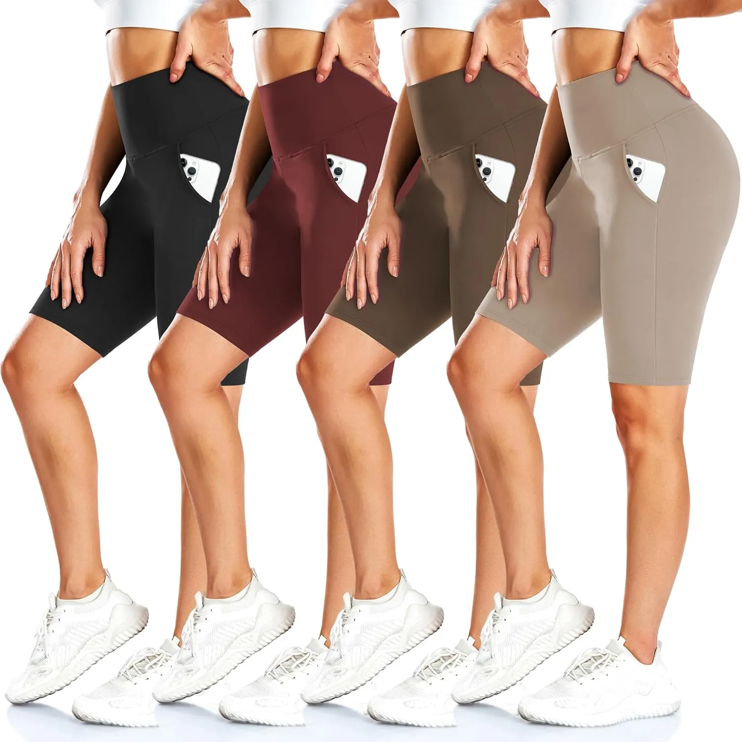FULLSOFT 4 Pack Biker Shorts for Women with Pockets – 8" High Waisted Tummy Control Workout Yoga Running Shorts
