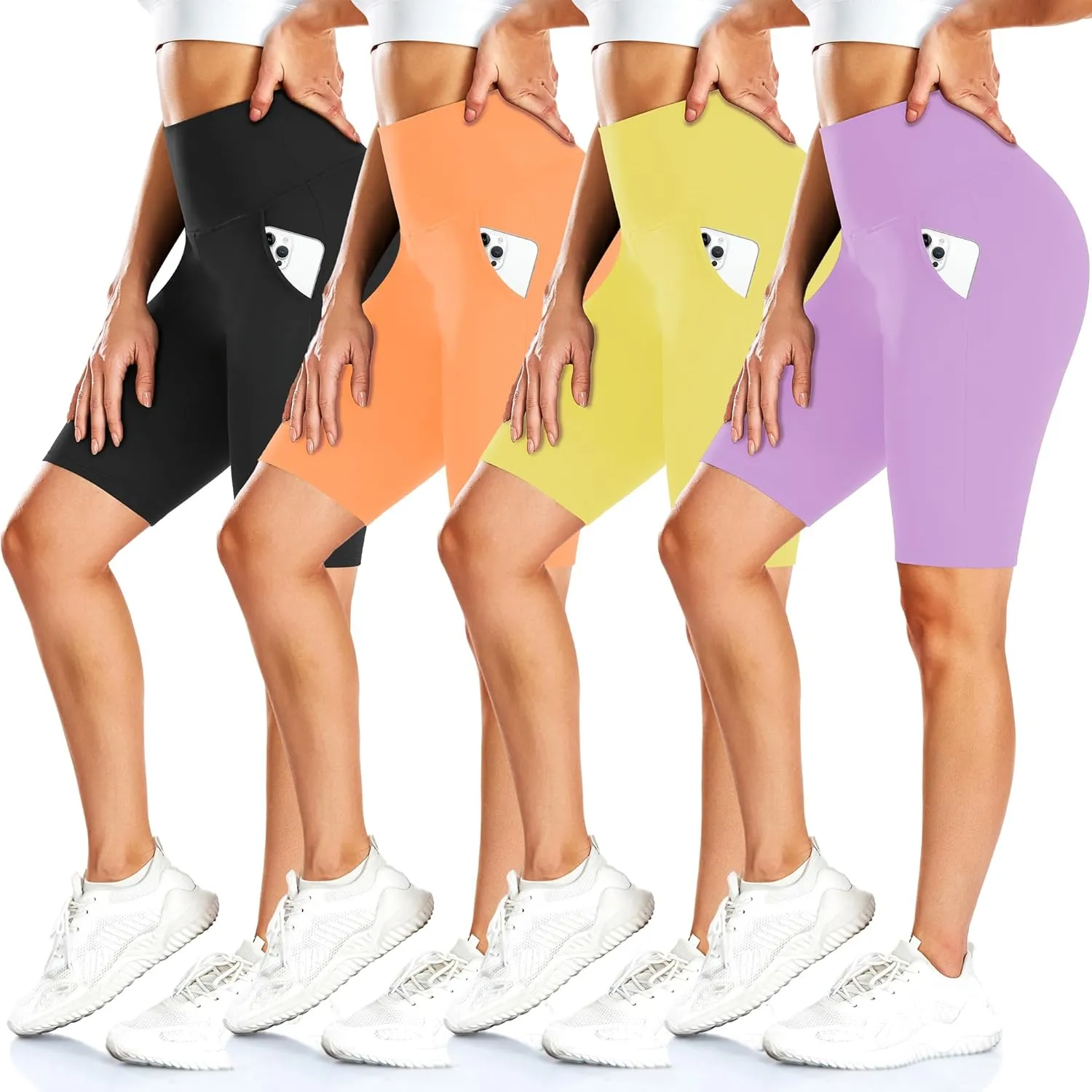 FULLSOFT 4 Pack Biker Shorts for Women with Pockets – 8" High Waisted Tummy Control Workout Yoga Running Shorts