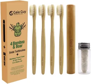 Gaia Guy Bamboo and Boar Bristle Toothbrush (4 Pack)   Travel Case & Silk Dental Floss | 100% Compostable Bristles and Floss | Eco-Friendly Dental Set | Biodegradable & Compostable Wooden Toothbrushes