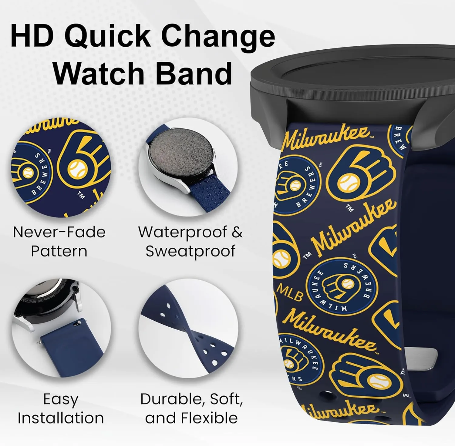 Game Time Milwaukee Brewers Quick Change HD Watch Band Compatible with Samsung and More