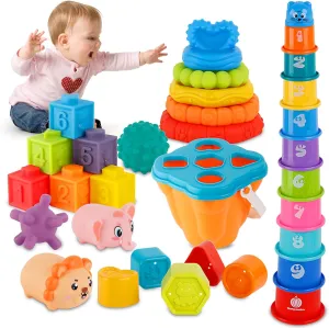 Ganowo 6 in 1 Baby Toys Montessori Toys for Babies 6-12 Months, Food-Grade Sensory Toys, Baby Blocks, Stacking Circles Teether, Shape Sorter, Stress Balls, Learning Gifts for 1 Year Old Boys Girls