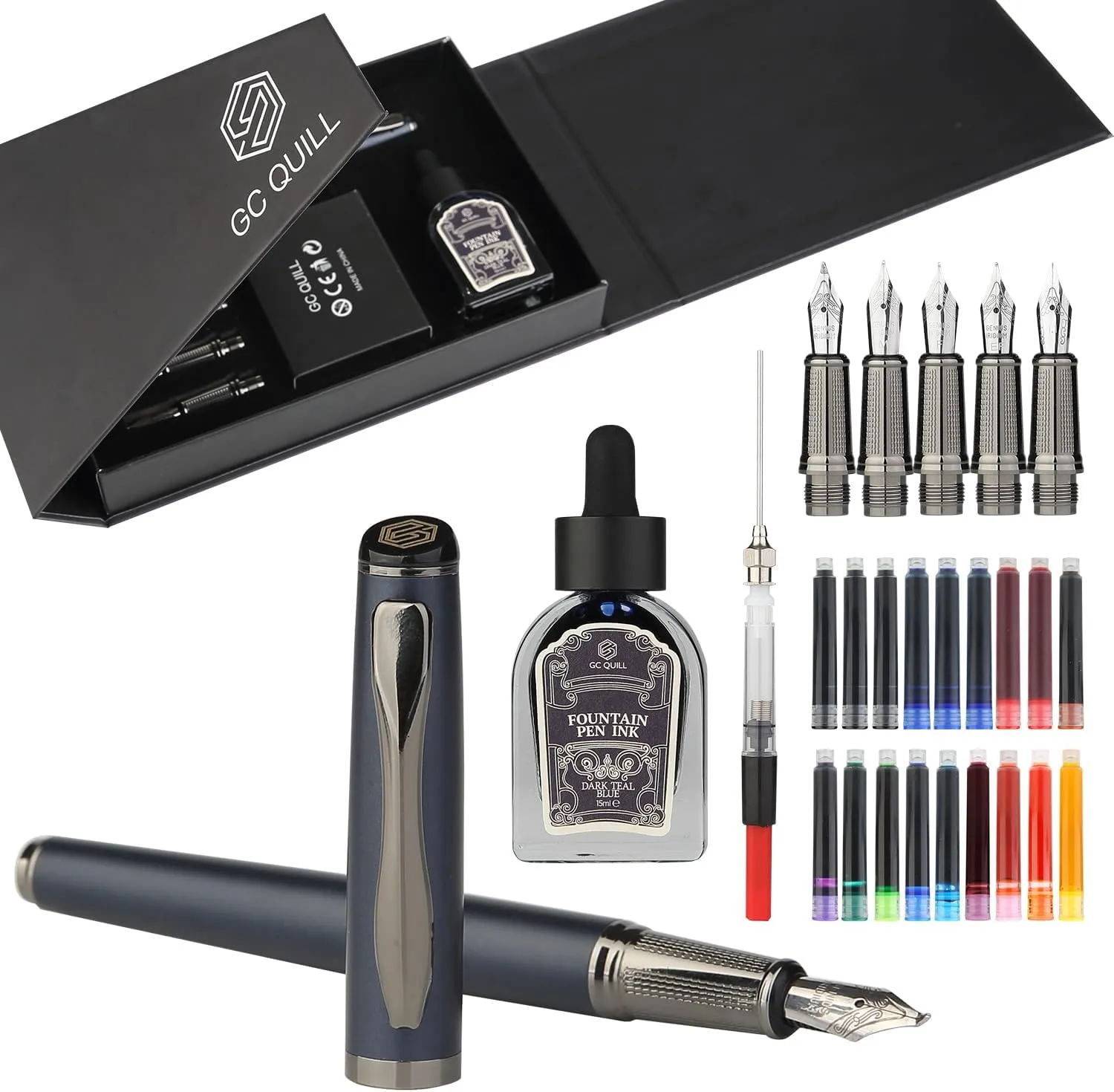 GC QUILL Calligraphy Fountain Pen Set - Includes 5 Nibs, Ink Bottle, Ink Refill Converter and 18 Ink Cartridges, Fancy Pen for Women Men Gift - MU-25