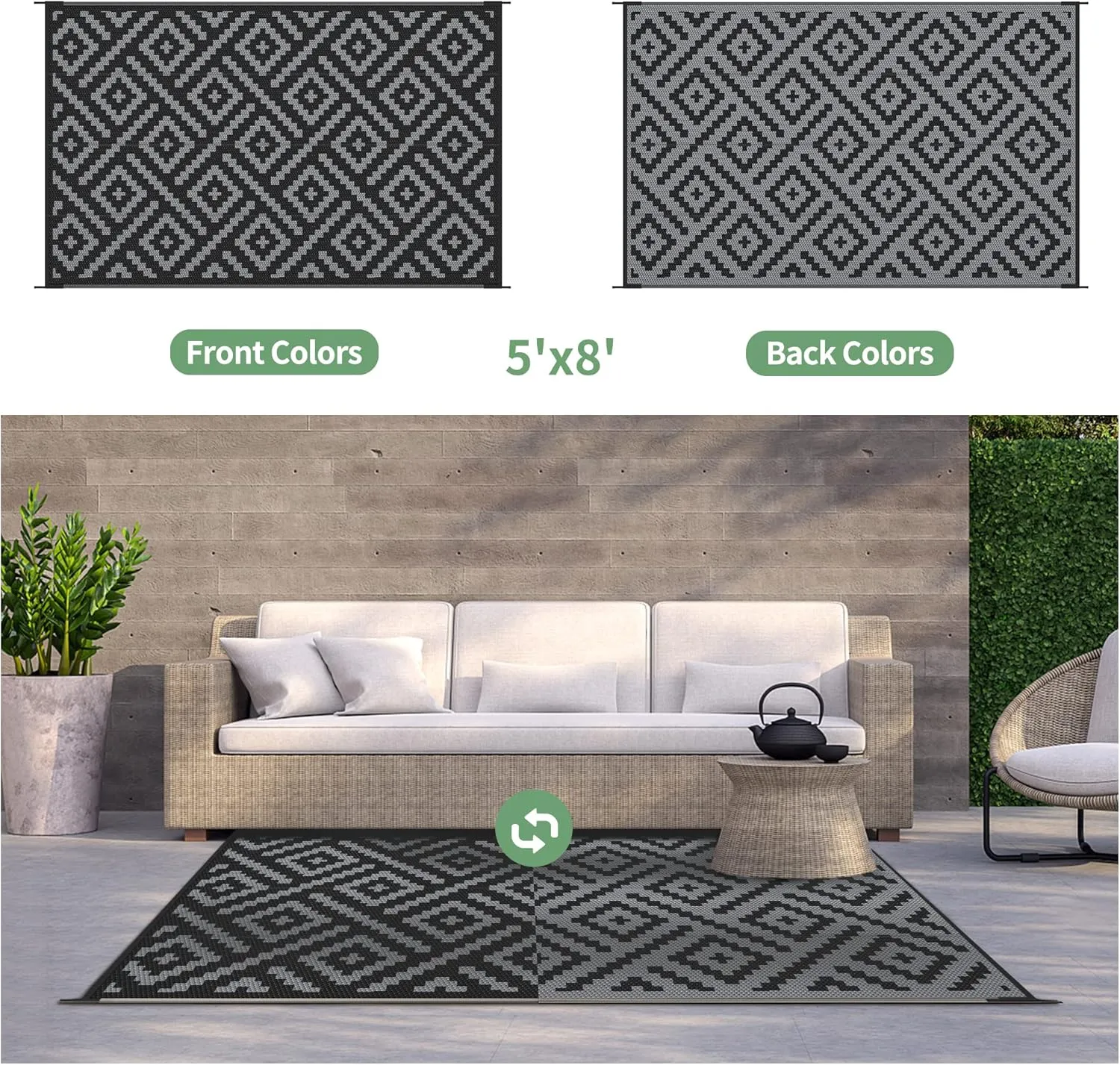 GENIMO Outdoor Rug for Patio Clearance,5'x8' Waterproof Mat,Reversible Plastic Camping Rugs,Rv,Porch,Deck,Camper,Balcony,Backyard,Black & Gray