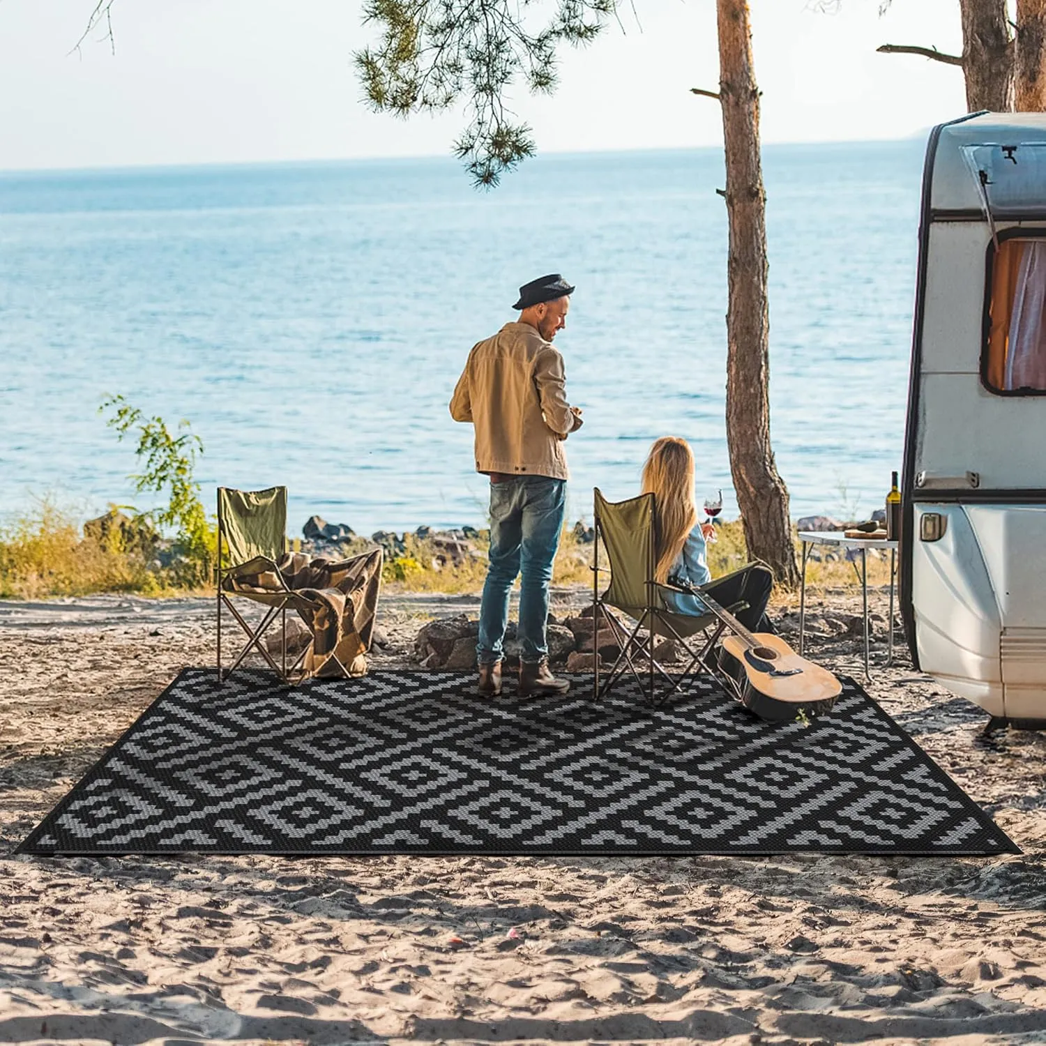 GENIMO Outdoor Rug for Patio Clearance,5'x8' Waterproof Mat,Reversible Plastic Camping Rugs,Rv,Porch,Deck,Camper,Balcony,Backyard,Black & Gray