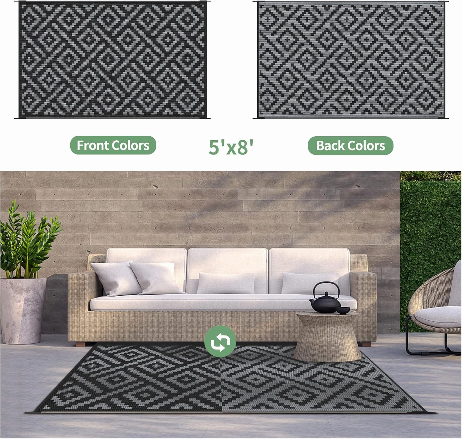 GENIMO Outdoor Rug for Patio Clearance,5'x8' Waterproof Mat,Reversible Plastic Camping Rugs,Rv,Porch,Deck,Camper,Balcony,Backyard,Black & Gray