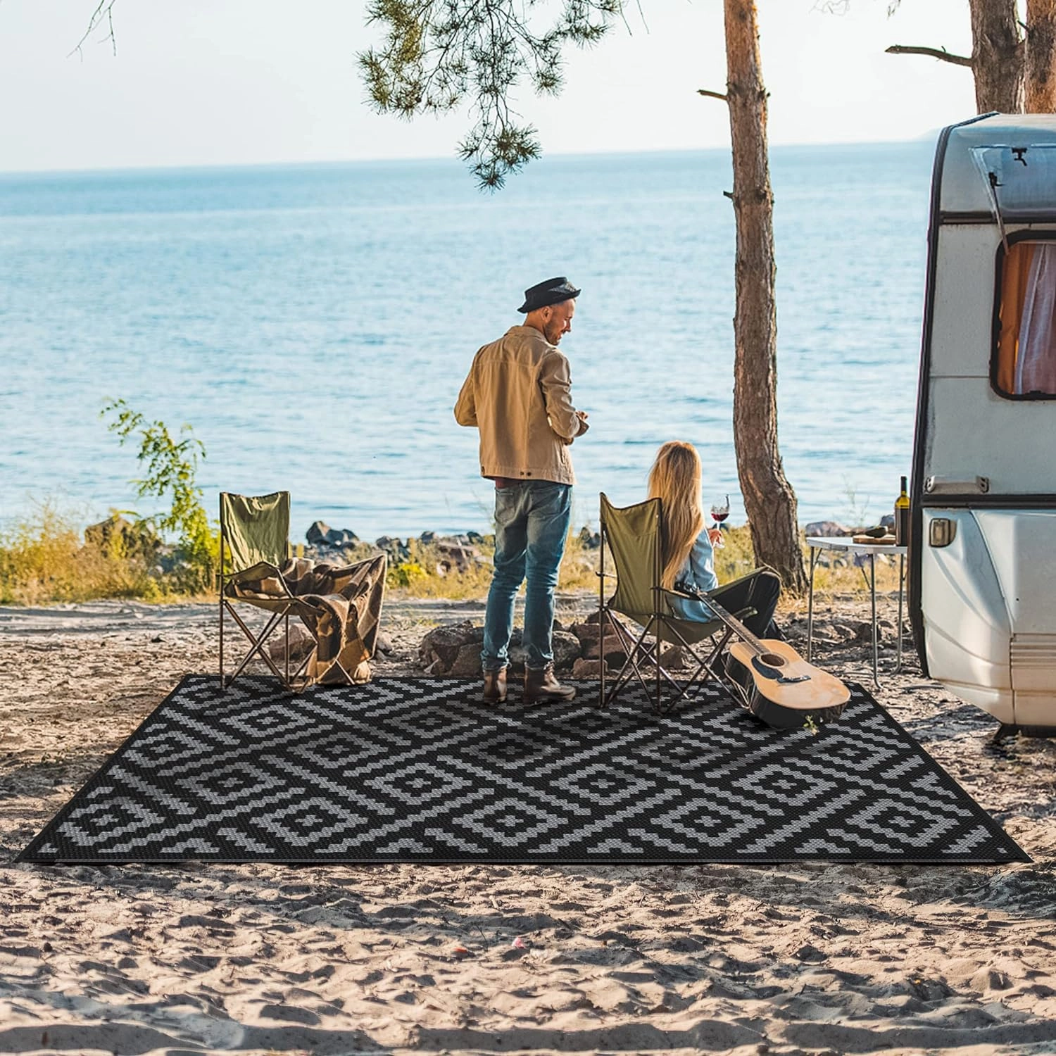 GENIMO Outdoor Rug for Patio Clearance,5'x8' Waterproof Mat,Reversible Plastic Camping Rugs,Rv,Porch,Deck,Camper,Balcony,Backyard,Black & Gray