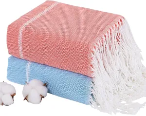 Genovega 2 Packs Oversized Turkish Beach Bath Towel Set 74"x38" Extra Large Sand Free Quick Dry Swim Camping Pool Clearance Towels Travel Blanket Adult Essentials Stripe Dark Coral Blue