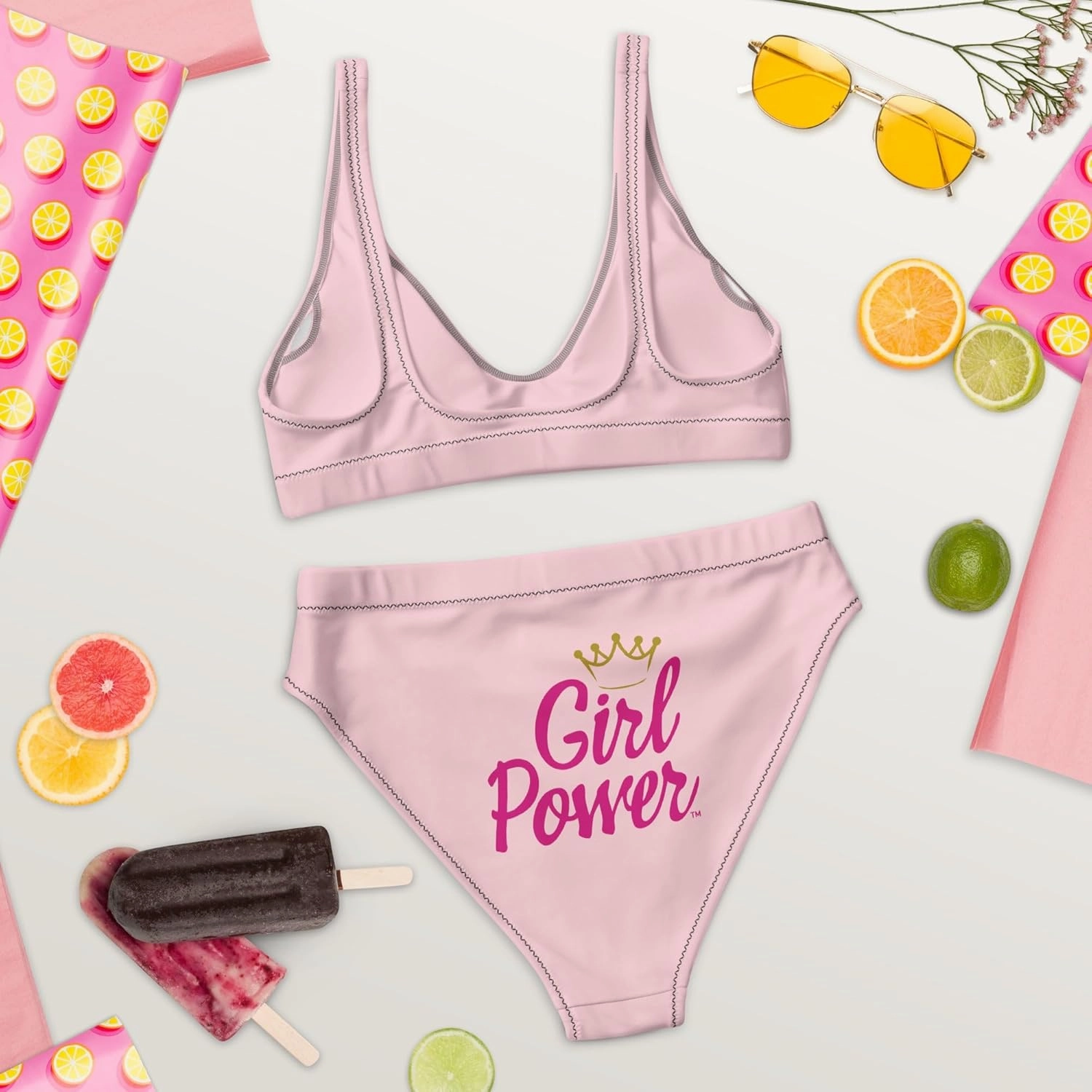 Girl Power™ High Waisted Bikini Sets for Women -Recycled Fabric, Removable Pads, Double-Layered, UPF 50  Sun Protection, Pink