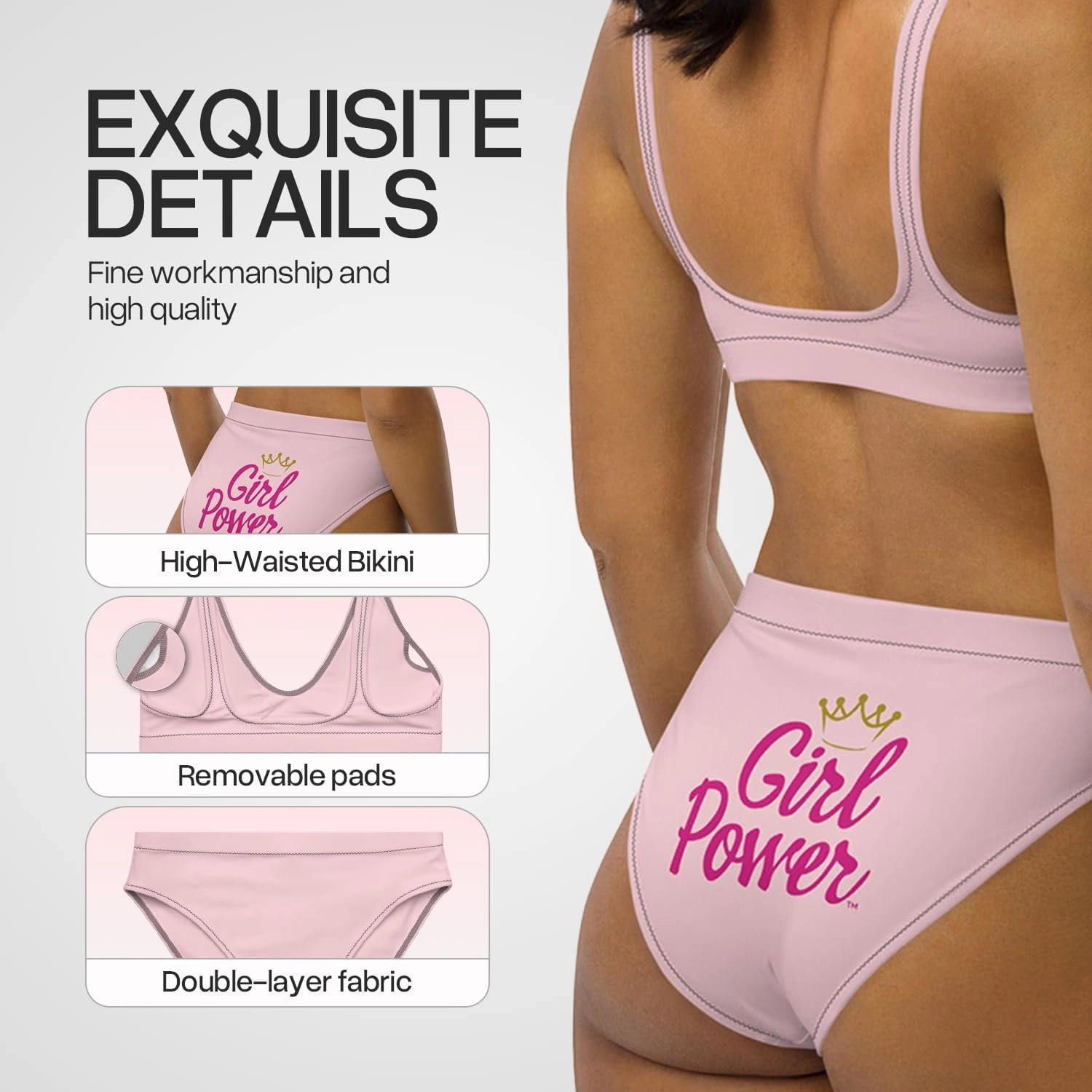 Girl Power™ High Waisted Bikini Sets for Women -Recycled Fabric, Removable Pads, Double-Layered, UPF 50  Sun Protection, Pink