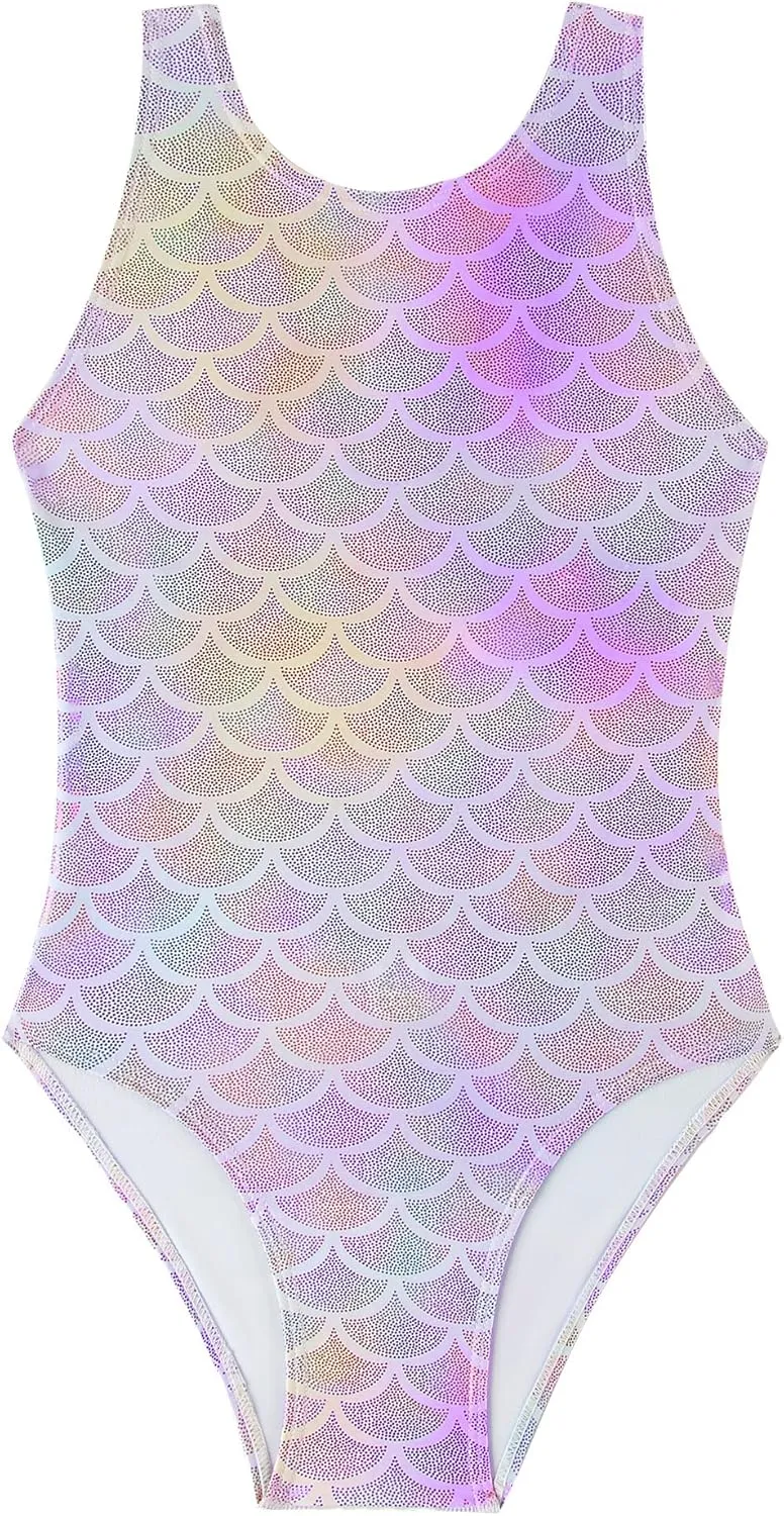Girls One Piece Athletic Swimsuit, Mermaid Scale Training Bathing Suit for Pool and Competition, 4-13Years
