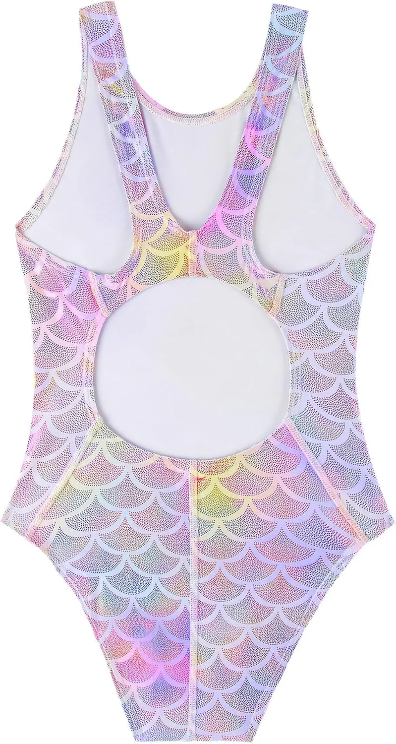 Girls One Piece Athletic Swimsuit, Mermaid Scale Training Bathing Suit for Pool and Competition, 4-13Years