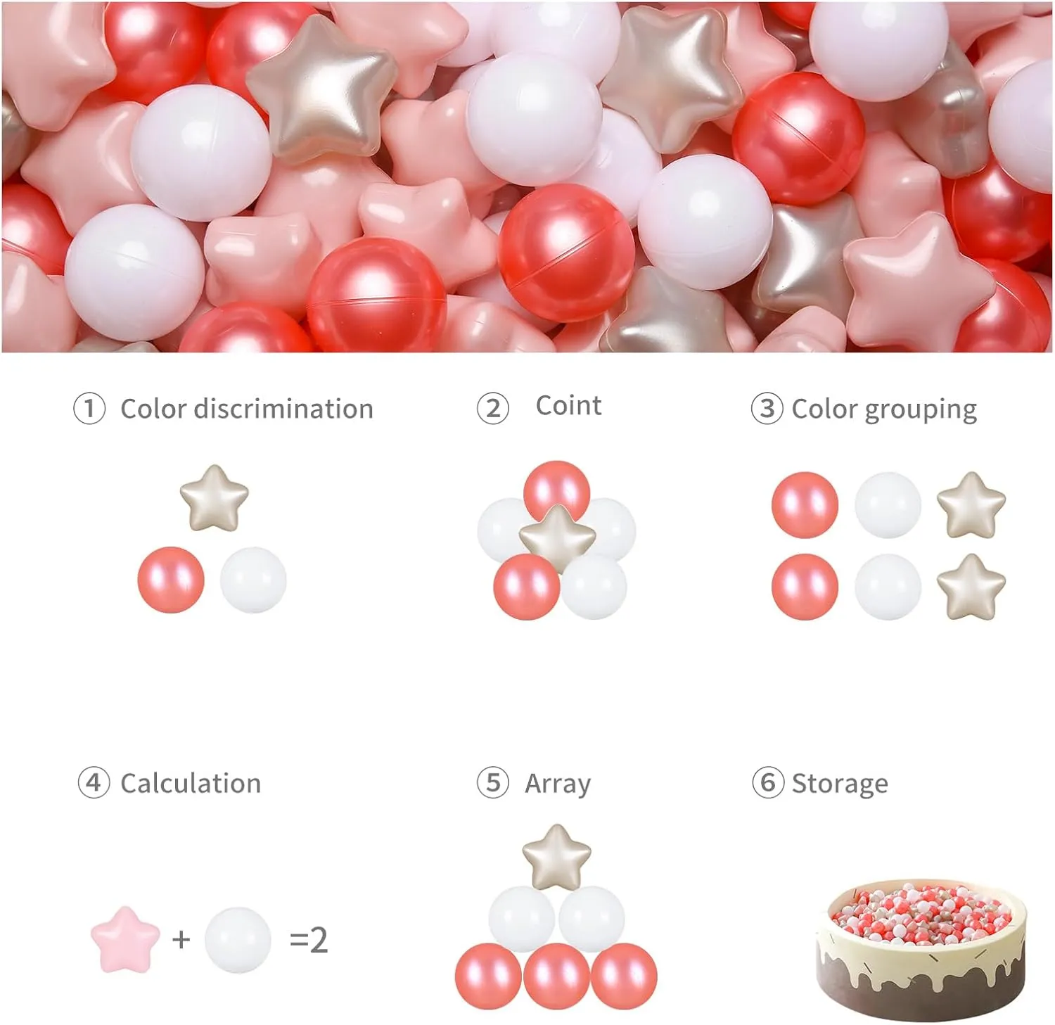 GOGOSO Ball Pit Balls for Toddlers Phthalate-Free BPA-Free Non-Toxic Crush Proof Soft Plastic Play Balls Baby Kids Shape Tent Pool Playhouse Playpen Party Decor,Pearl Red Pink Pearl Gold White 200pcs