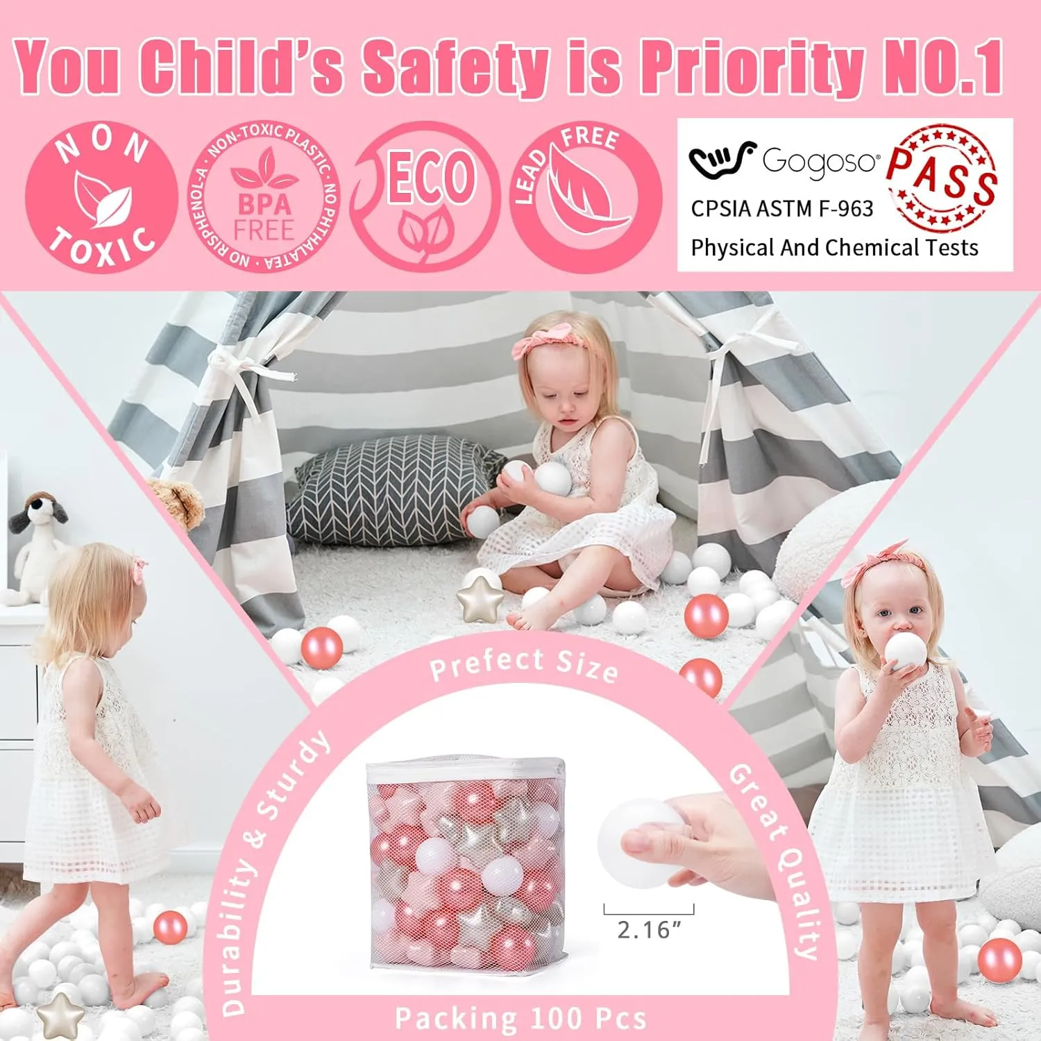 GOGOSO Ball Pit Balls for Toddlers Phthalate-Free BPA-Free Non-Toxic Crush Proof Soft Plastic Play Balls Baby Kids Shape Tent Pool Playhouse Playpen Party Decor,Pearl Red Pink Pearl Gold White 200pcs