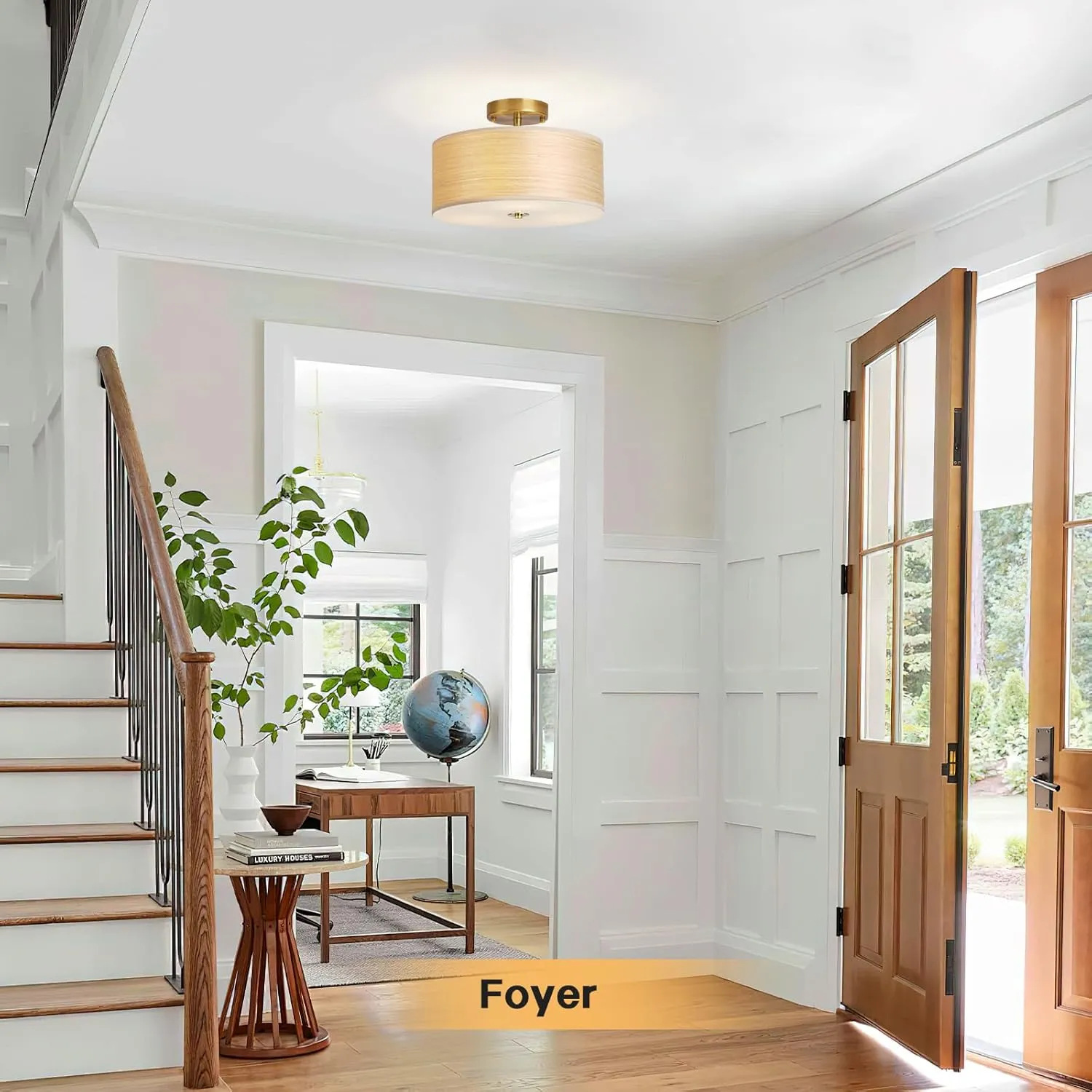Gold Drum Ceiling Light Fixture, 13" Semi Flush Mount with Natural Wood Shade, Modern Farmhouse Close to Ceiling Lamp for Bedroom, Dining Room, Kitchen, Hallway, Entryway, Foyer