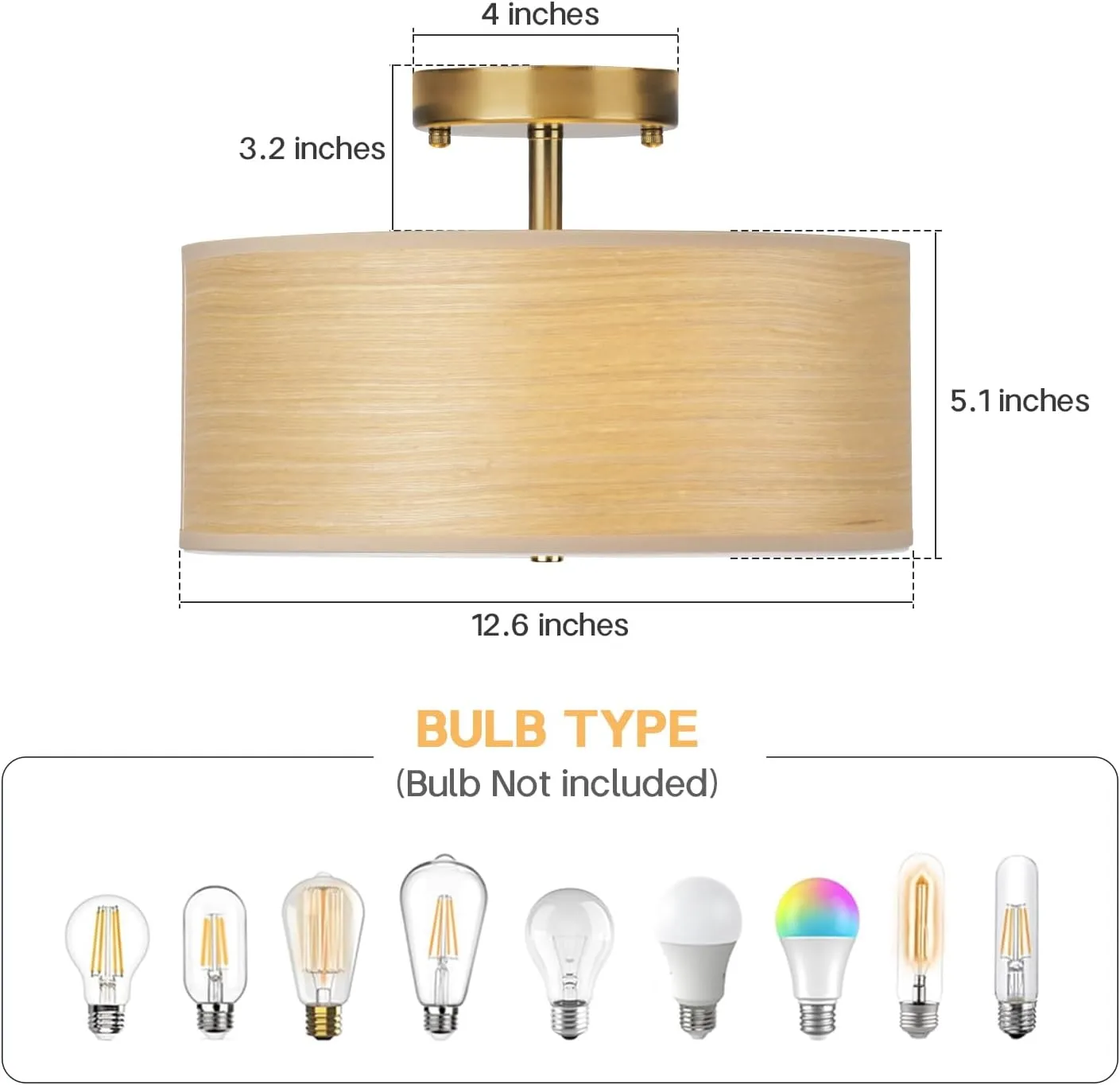 Gold Drum Ceiling Light Fixture, 13" Semi Flush Mount with Natural Wood Shade, Modern Farmhouse Close to Ceiling Lamp for Bedroom, Dining Room, Kitchen, Hallway, Entryway, Foyer