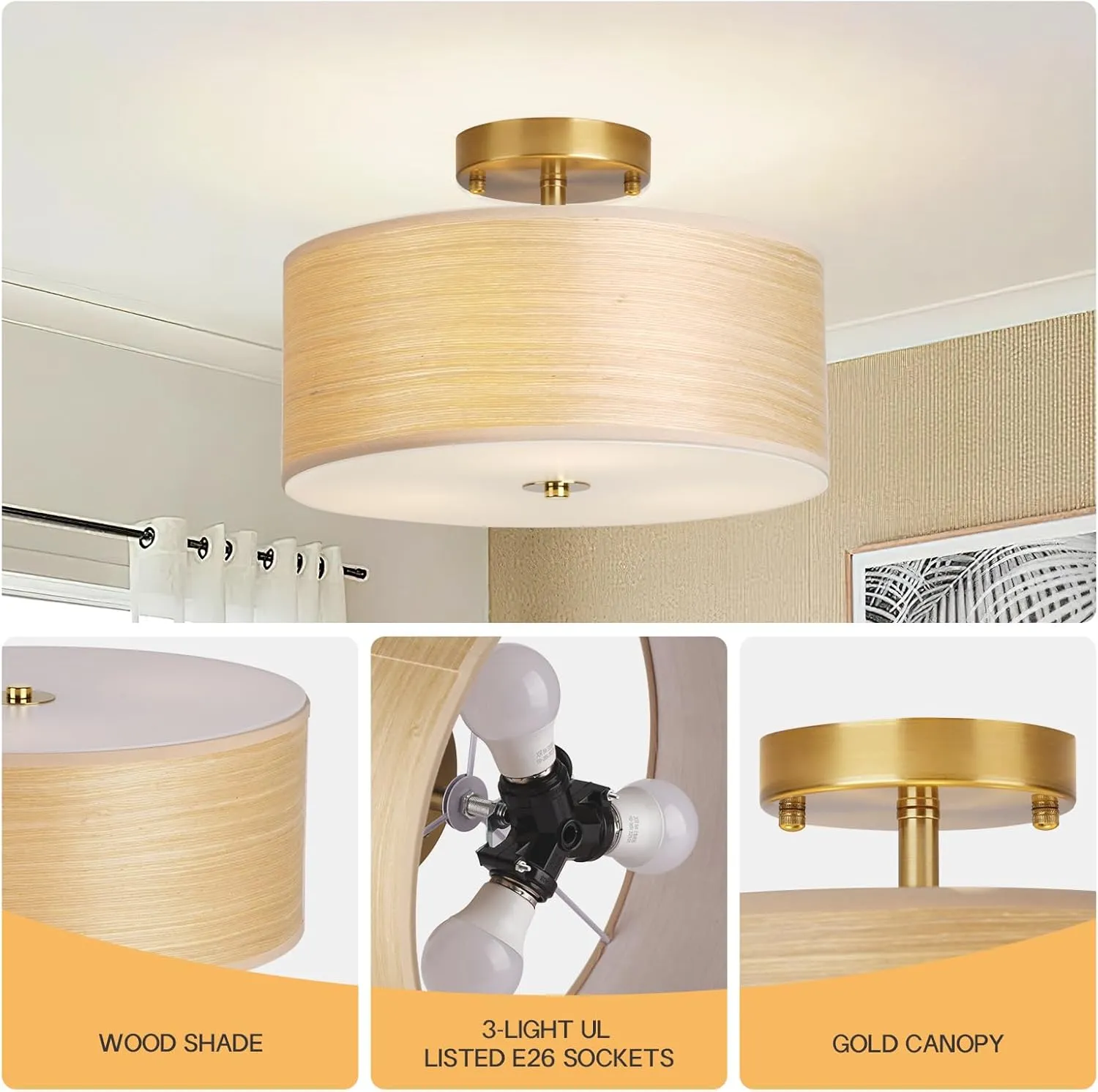 Gold Drum Ceiling Light Fixture, 13" Semi Flush Mount with Natural Wood Shade, Modern Farmhouse Close to Ceiling Lamp for Bedroom, Dining Room, Kitchen, Hallway, Entryway, Foyer