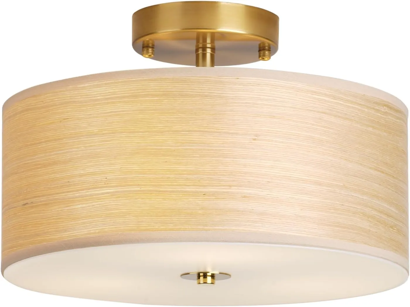 Gold Drum Ceiling Light Fixture, 13" Semi Flush Mount with Natural Wood Shade, Modern Farmhouse Close to Ceiling Lamp for Bedroom, Dining Room, Kitchen, Hallway, Entryway, Foyer