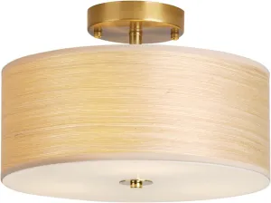 Gold Drum Ceiling Light Fixture, 13" Semi Flush Mount with Natural Wood Shade, Modern Farmhouse Close to Ceiling Lamp for Bedroom, Dining Room, Kitchen, Hallway, Entryway, Foyer