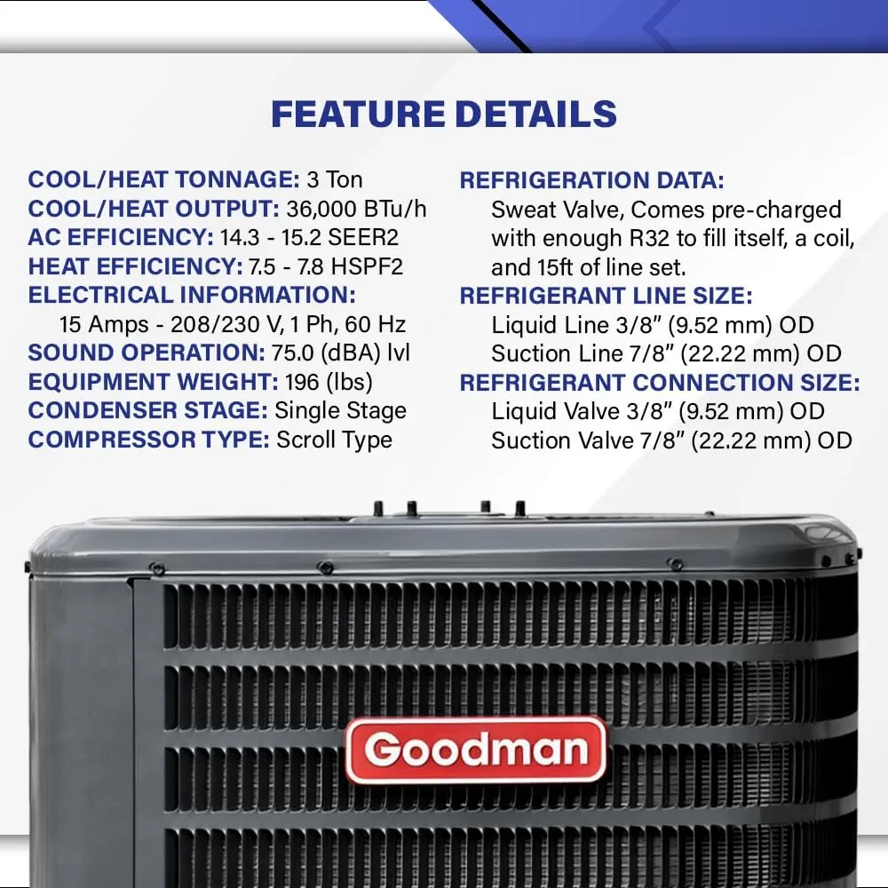 Goodman 15 SEER2 Central Split Unit Heat Pump AC/Heating System with 50' Install and 10K Backup Heat Kit | 3-Ton 36000 BTU, TXV Device, Single Stage HVAC System | R32 Refrigerant
